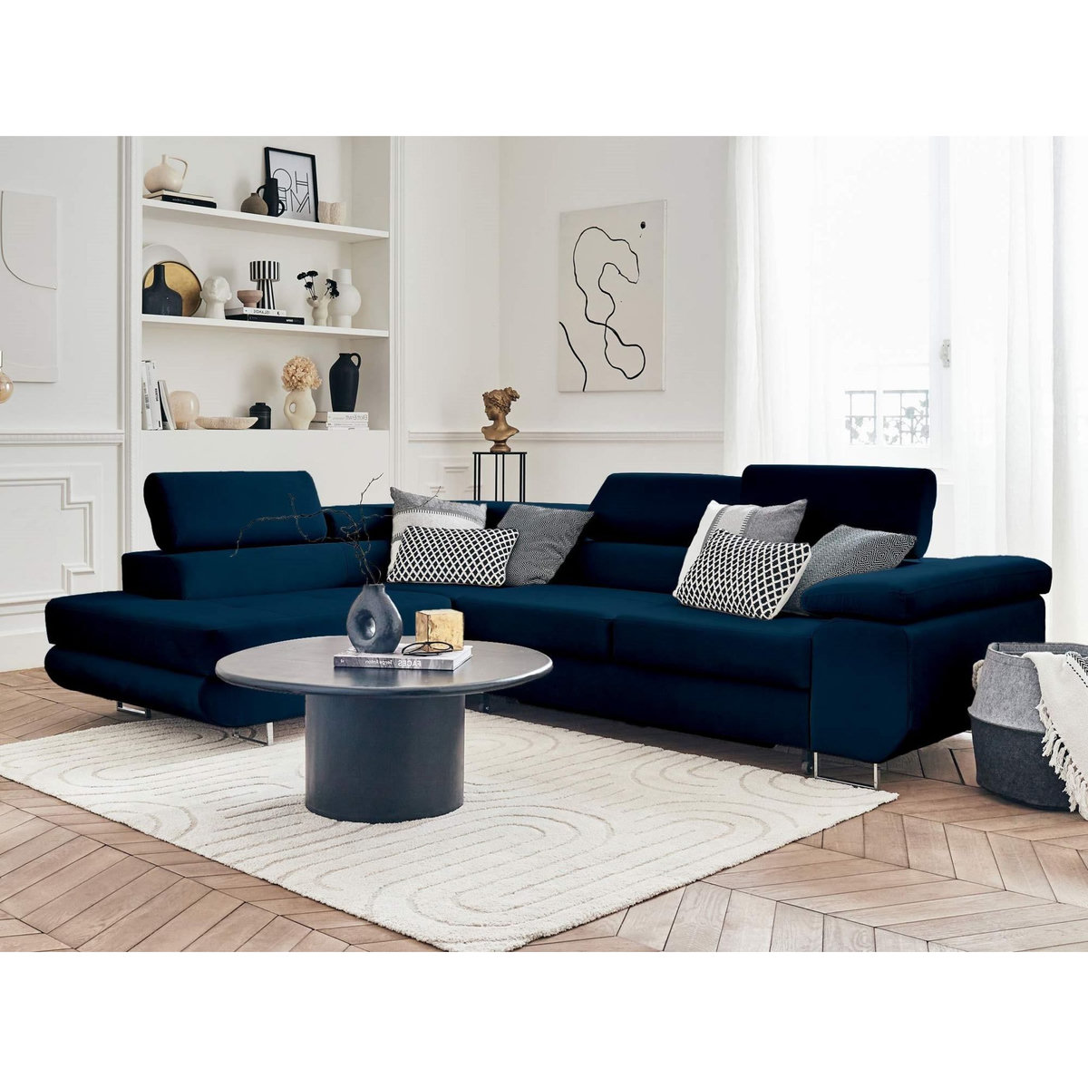 BEST MOBILIER Pablo - canapé d'angle gauche - 5 places - convertible avec coffre et têtières réglables - en velours