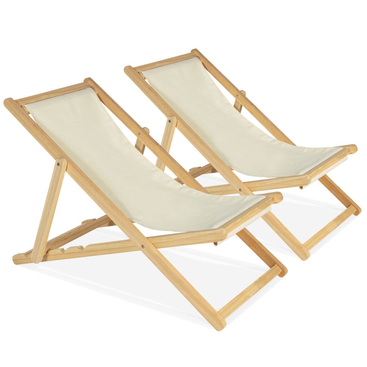 ID MARKET Lot de 2 chaises longues pliantes chilienne bois toile écrue