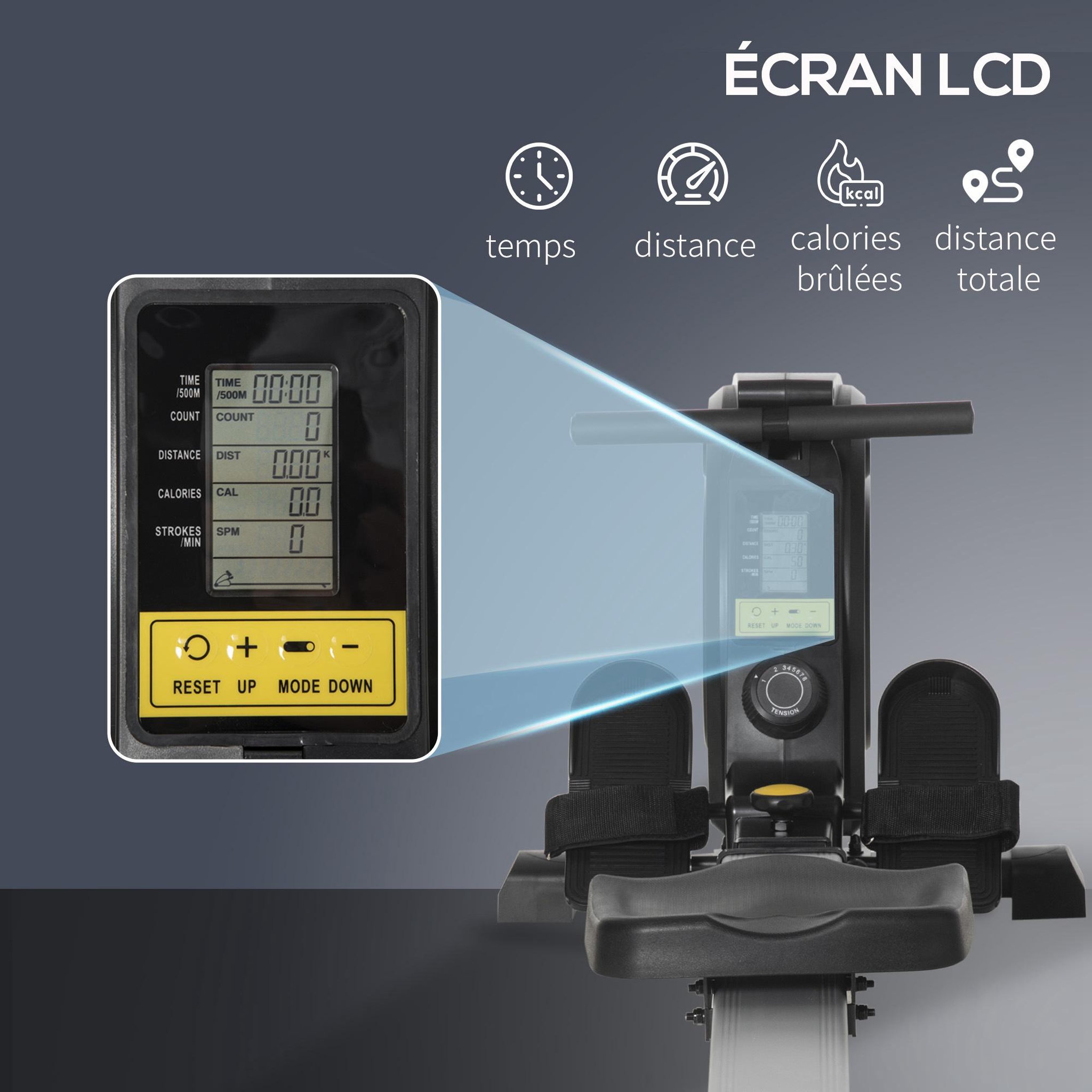 Voir la diapositive 5 : HOMCOM Rameur d'appartement pliable - 8 niveaux de résistance magnétique - écran LCD multifonction - acier alu. ABS noir blanc