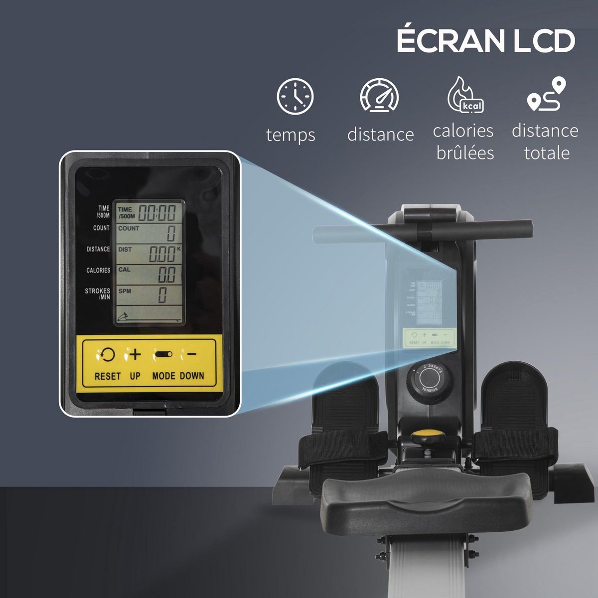 HOMCOM Rameur d'appartement pliable - 8 niveaux de résistance magnétique - écran LCD multifonction - acier alu. ABS noir blanc