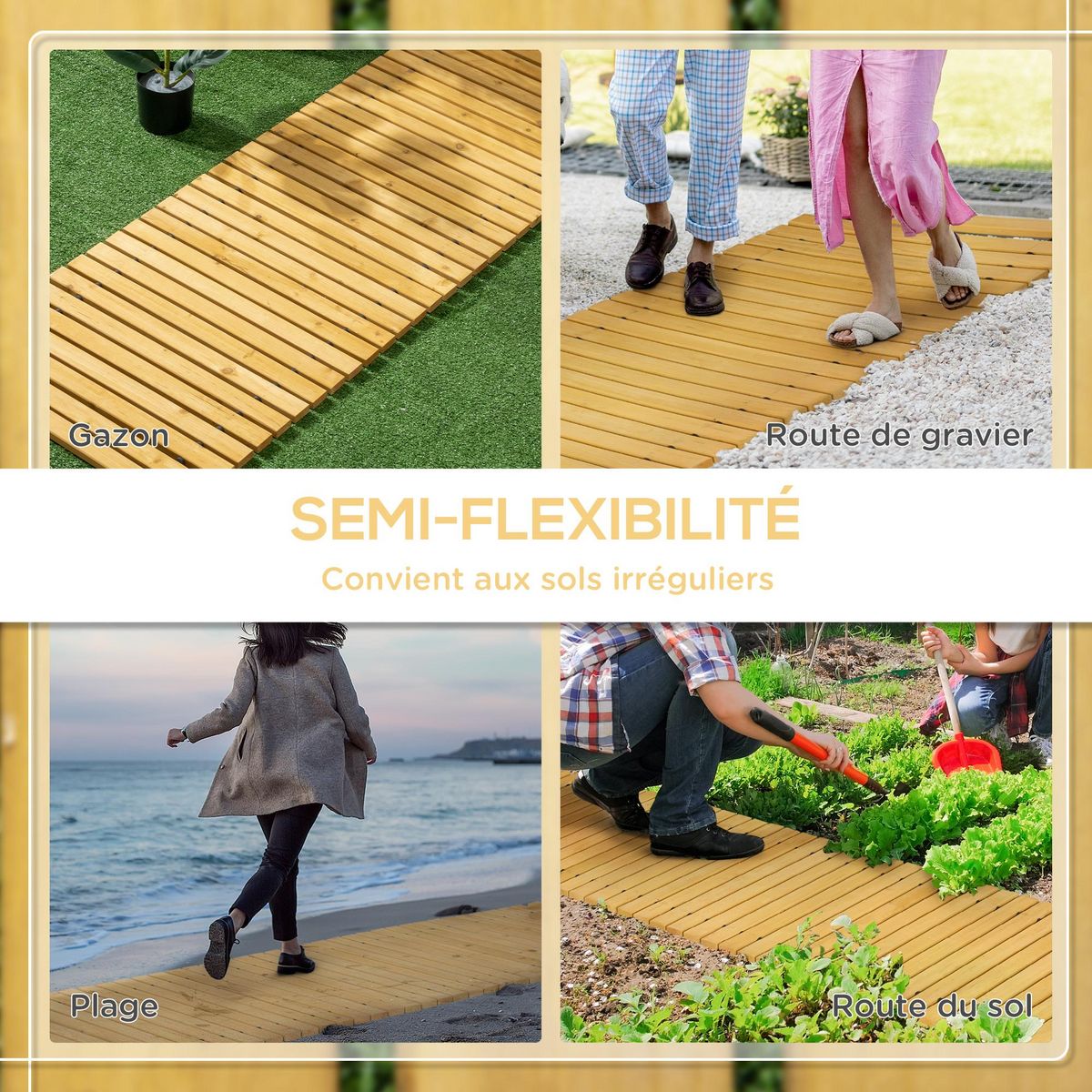OUTSUNNY Allée chemin de jardin en lattes de bois enroulable - dim. 185L x 60l x 1,9H cm - bois de sapin pré-huilé