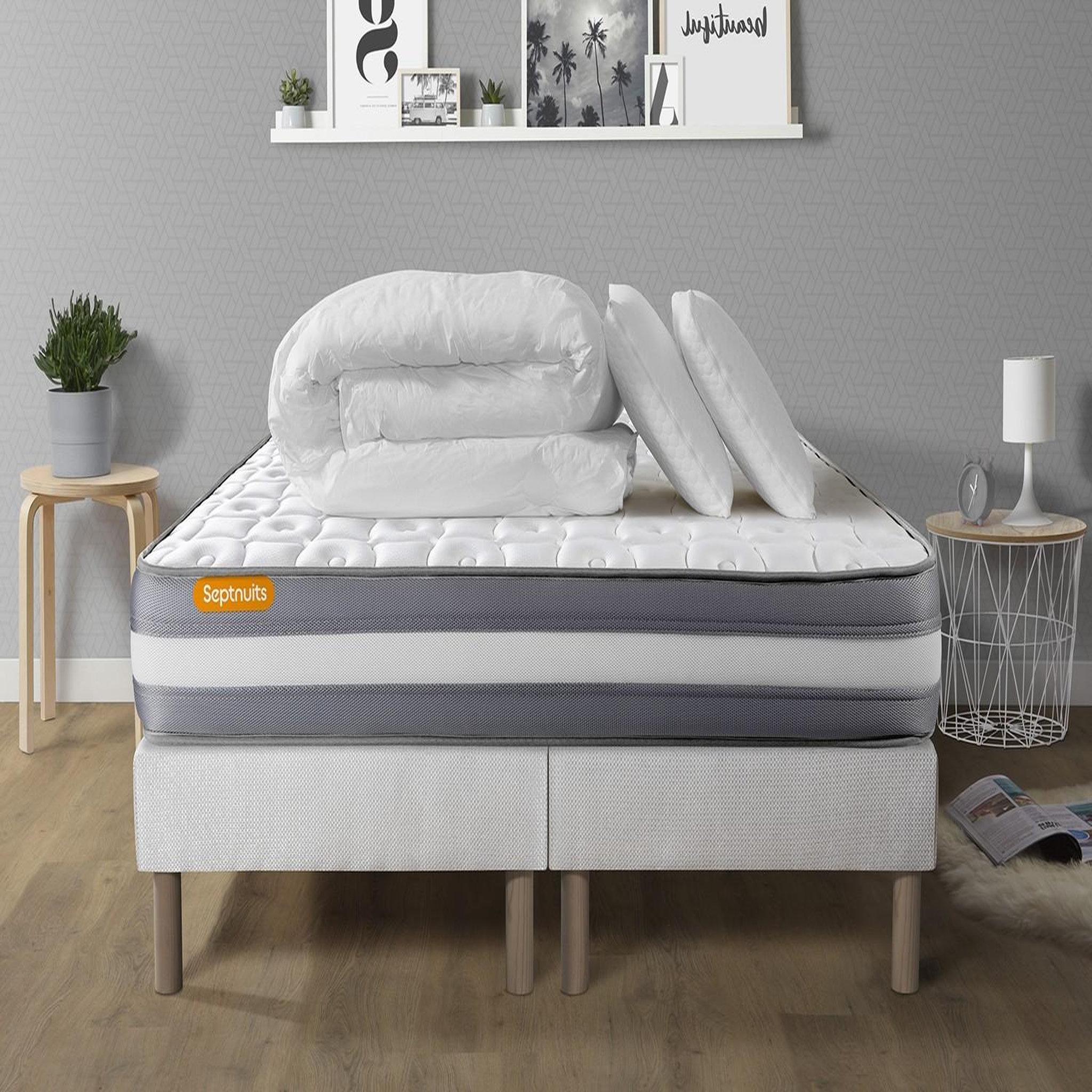 SEPTNUITS PACK matelas + double sommier Memo Plus Mémoire de forme 3 zones + 2 oreillers + couette. Coloris disponibles : Blanc
