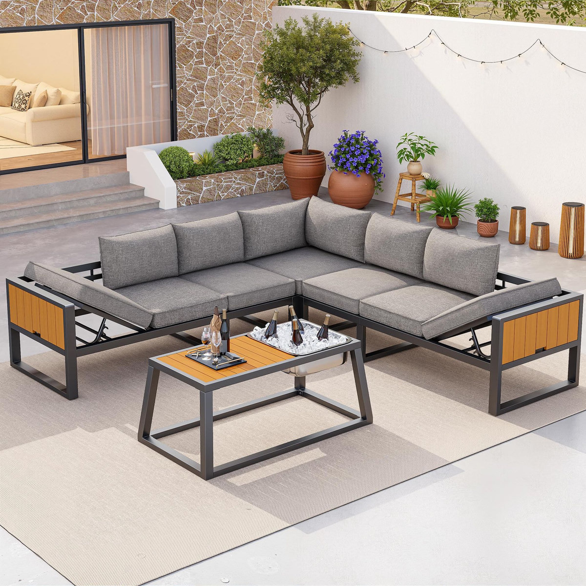MERAX Salon de jardin 7 places en fer avec canapé d'angle, table basse et table glacière