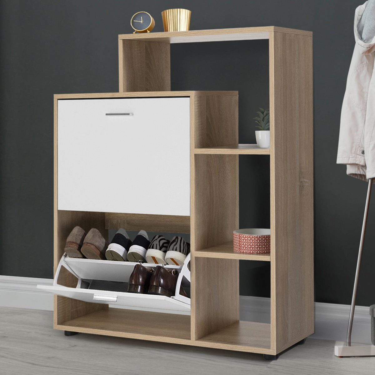ID MARKET Meuble à chaussures 12 paires KLARK imitation hêtre 2 portes blanches avec étagère