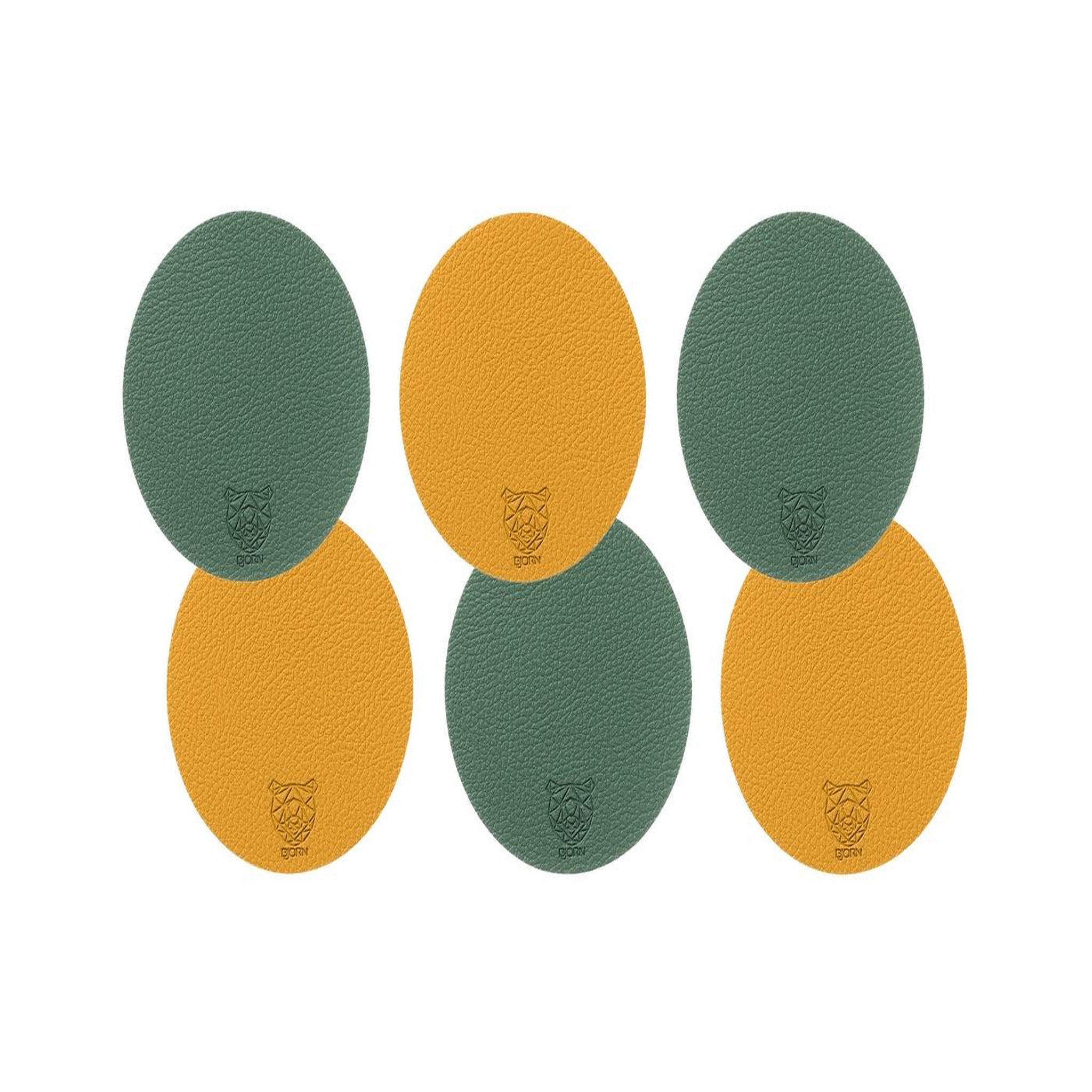 BJORN Sous-verre rond réversible - 6 pièces - cuir recyclé jaune moutarde et vert sapin