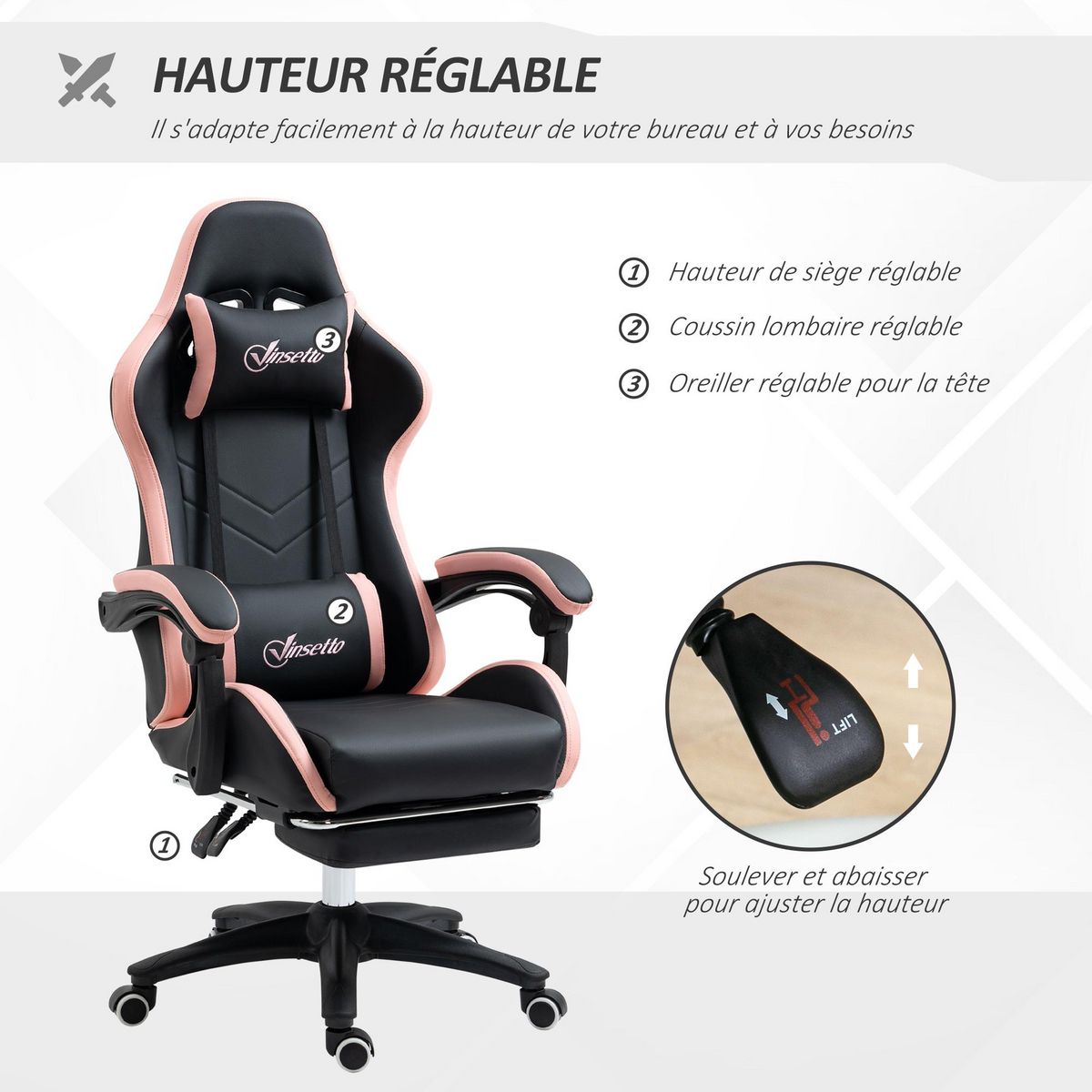 VINSETTO Chaise gaming - chaise de bureau gamer inclinable réglable repose-pieds rétractable coussins synthétique noir rose