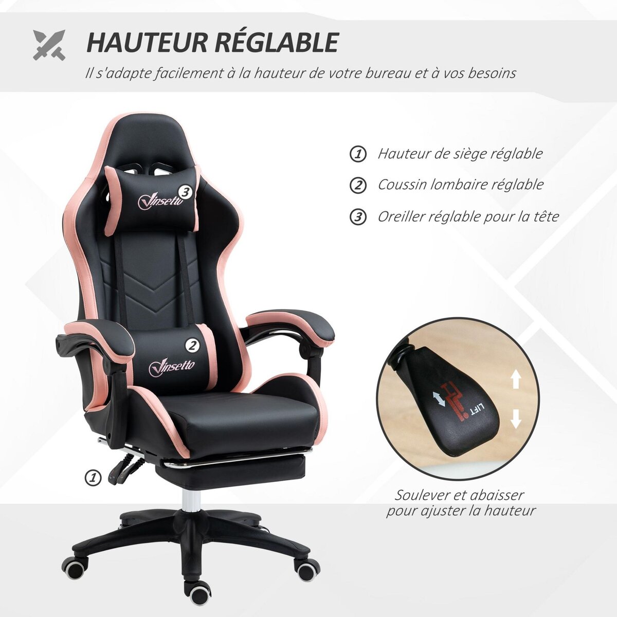 VINSETTO Chaise gaming - chaise de bureau gamer inclinable réglable repose-pieds rétractable coussins synthétique noir rose
