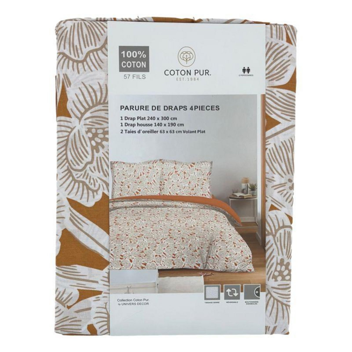 COTON PUR Parure de draps 4 pièces pour lit 140 x 190 cm Agathe moutarde