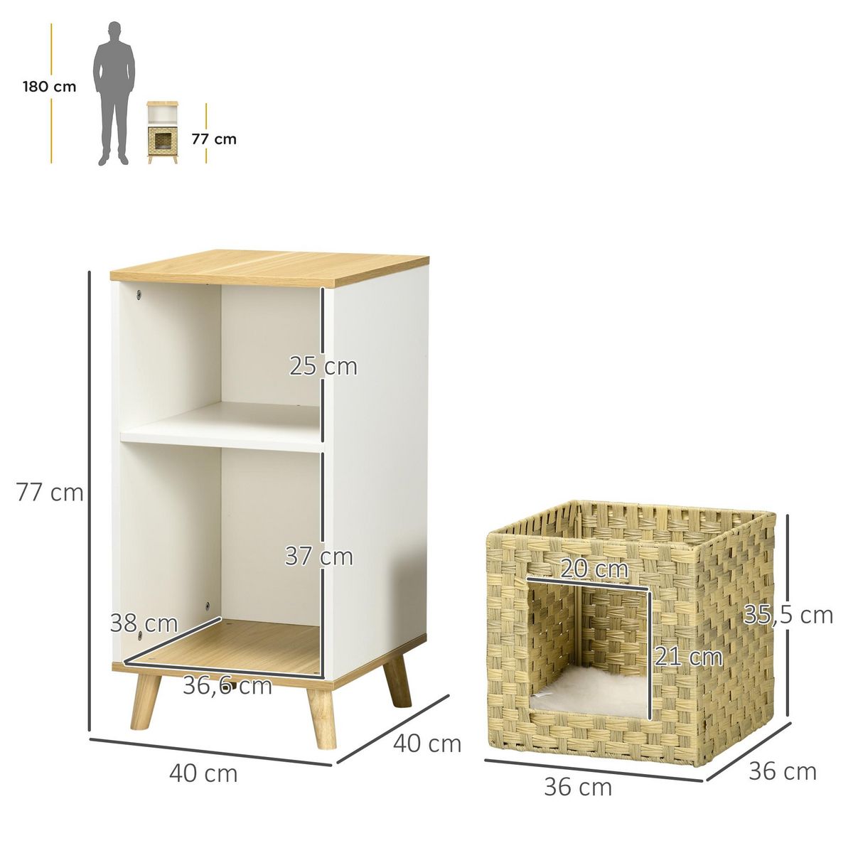 PAWHUT Maison pour chat rangement design scandinave - coussin peluche douce, niche panier rotin - panneaux blanc aspect chêne clair