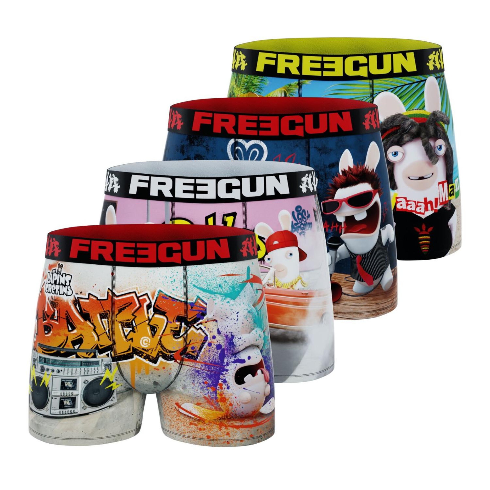 FREEGUN Lot de 4 boxers homme lapins crétins. Coloris disponibles : Bleu
