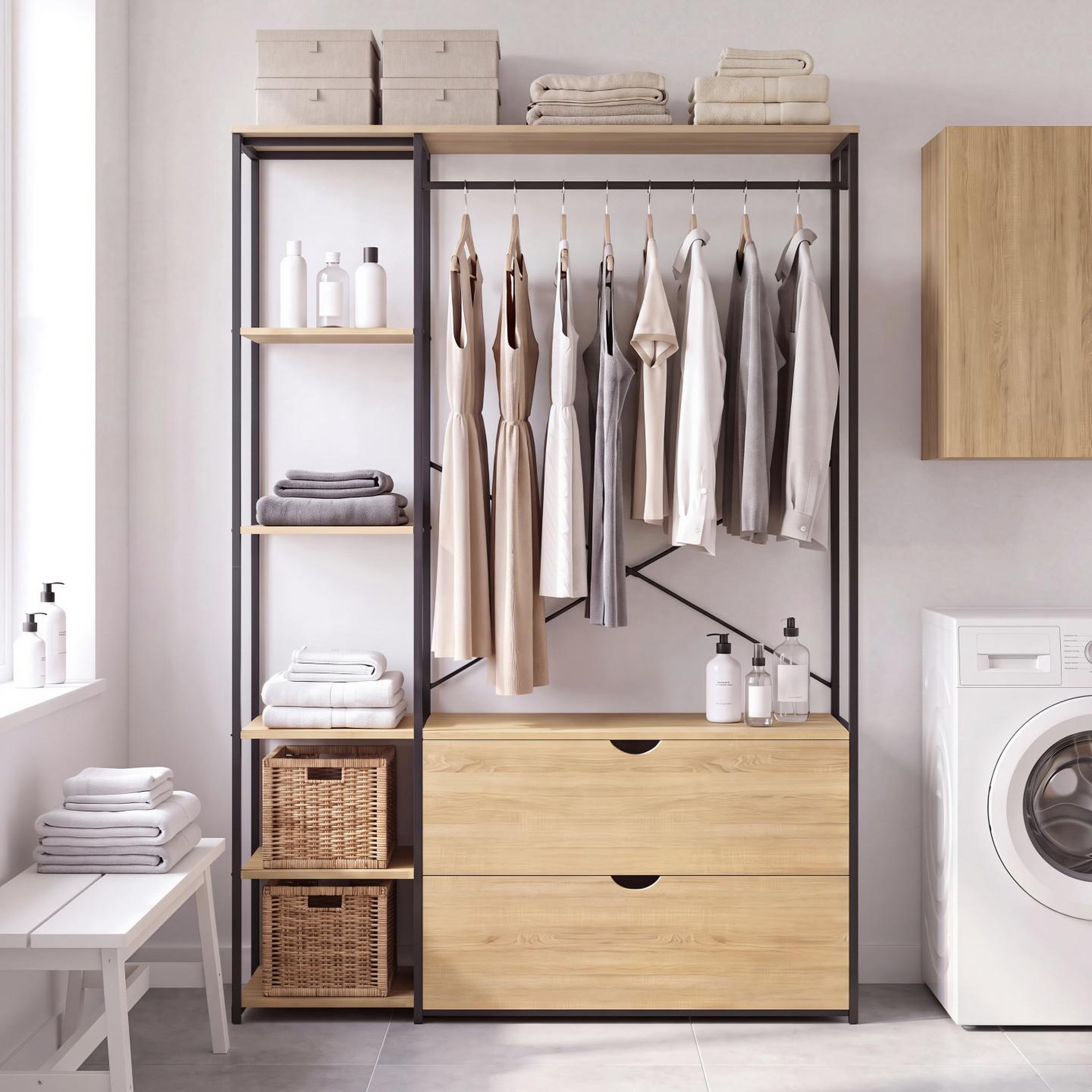 Voir la diapositive 6 : ID MARKET Dressing penderie étagères l. 113 cm detroit 2 tiroirs design industriel