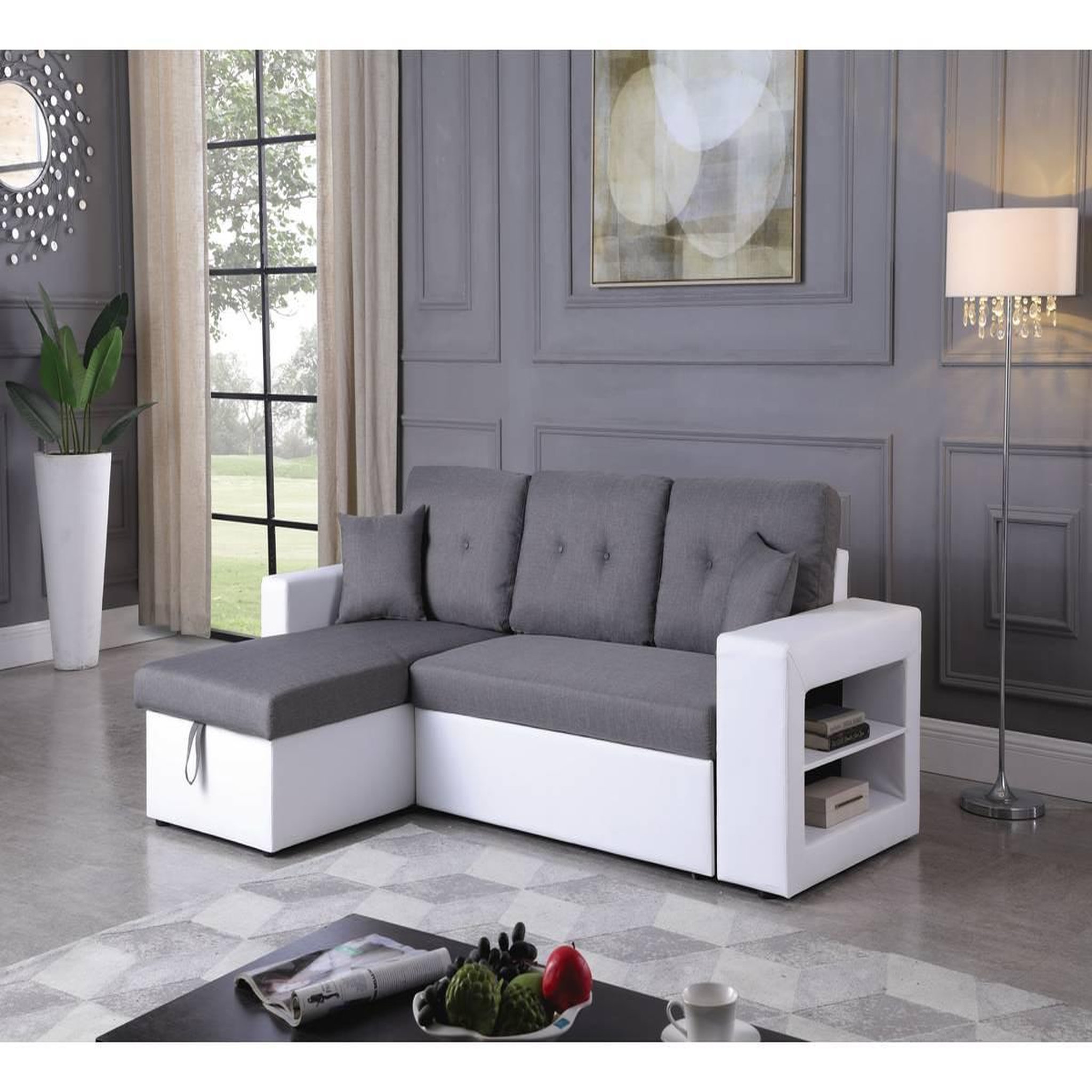Voir la diapositive 2 : Habitat et Jardin Canapé d'angle convertible/réversible  axel  - 3 places - blanc/gris