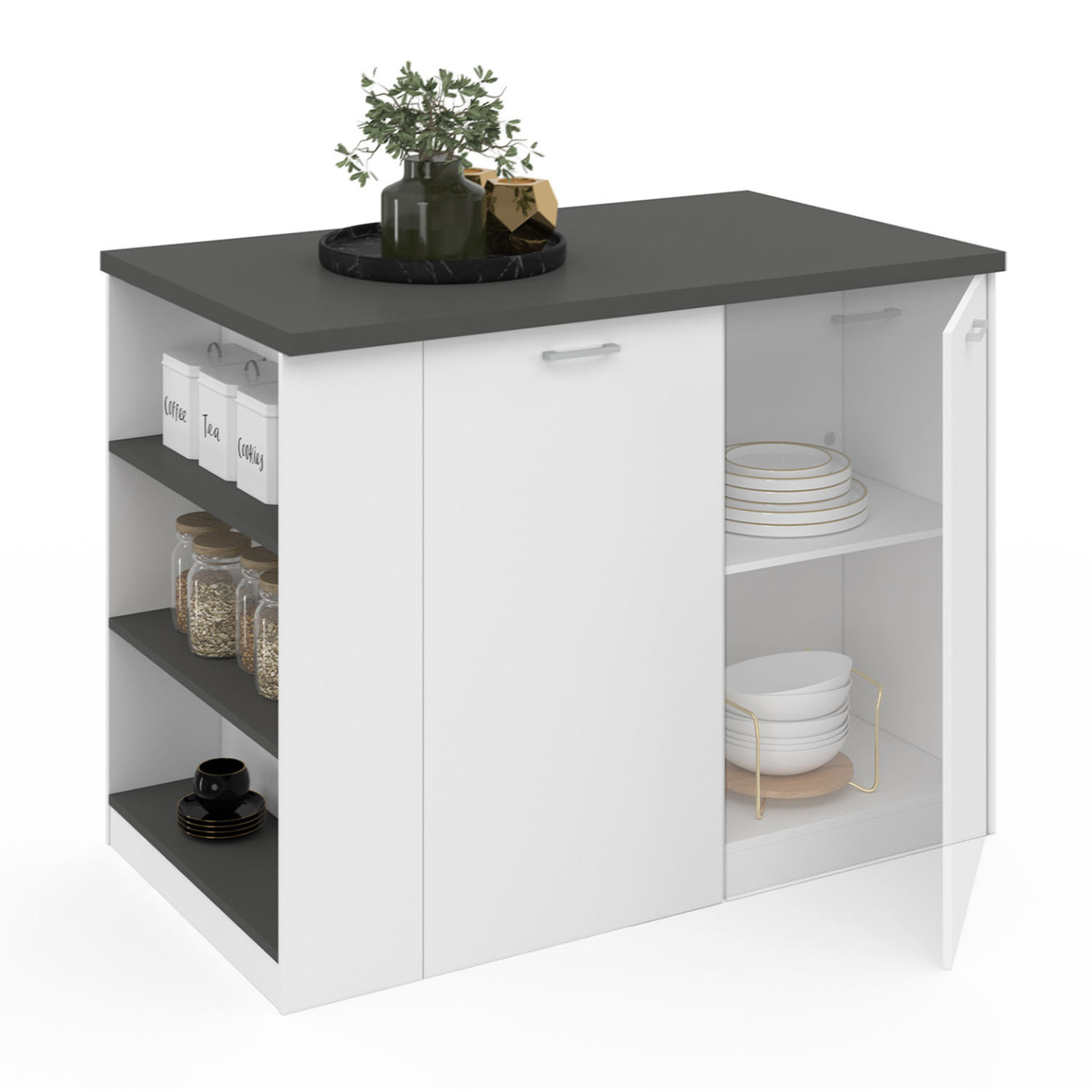 ID MARKET Ilot central tibo 120 cm bois blanc avec plan de travail gris anthracite