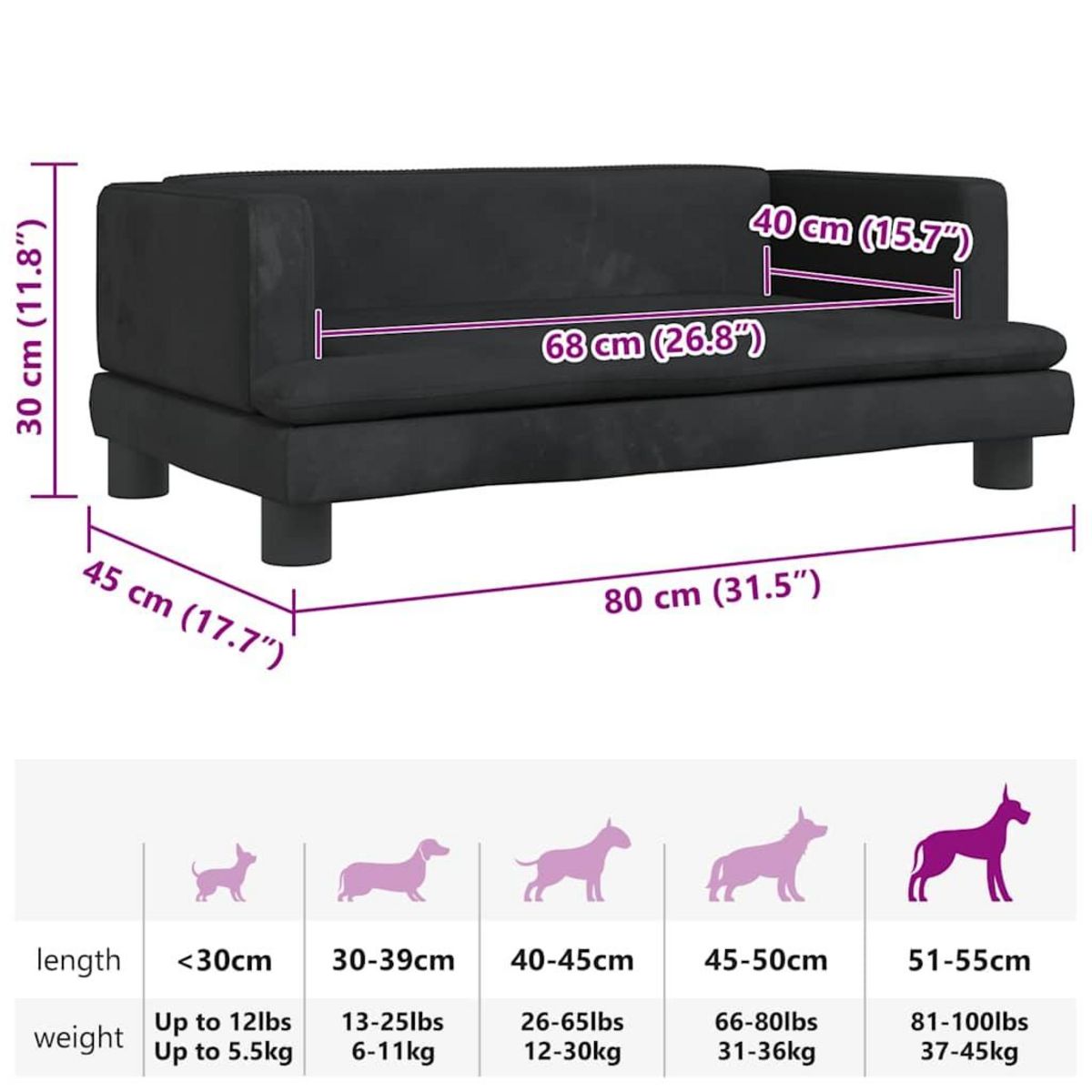 VIDAXL Lit pour chien noir 80x45x30 cm velours