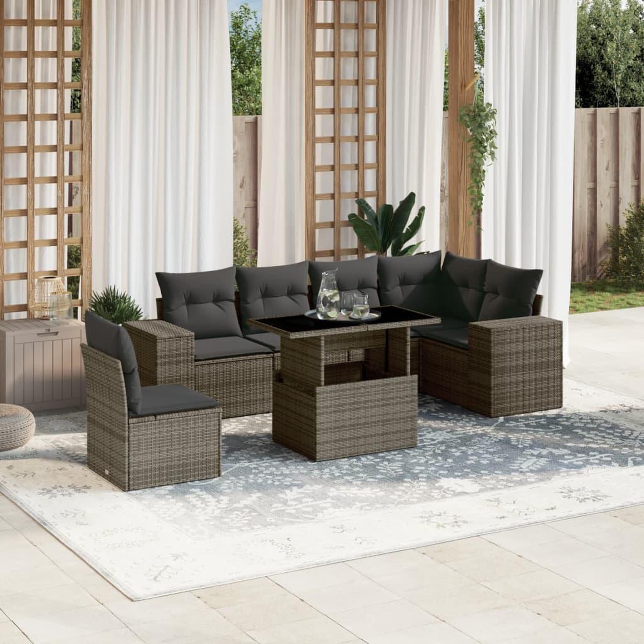 VIDAXL Salon de jardin avec coussins 7 pcs gris resine tressee