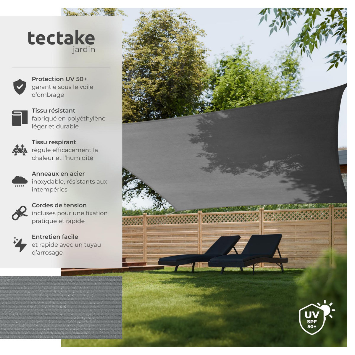 tectake Voile d'ombrage triangulaire rectangulaire avec une protection UV 50+ gris 5 x 5 m