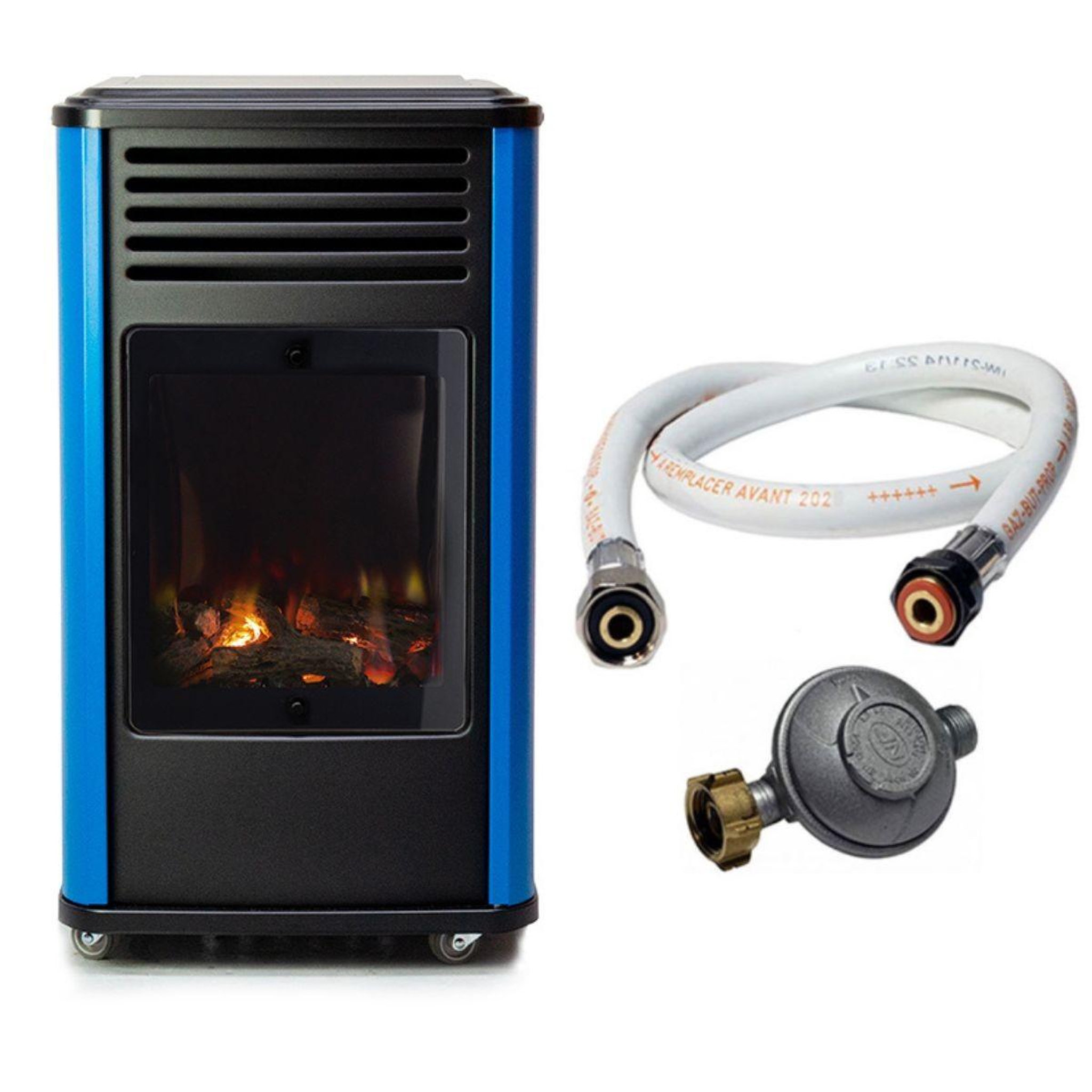 SAHARA Chauffage à gaz 3,4KW Bleu Effet feu + Tuyau gaz + Détendeur butane Manhattan Sahara