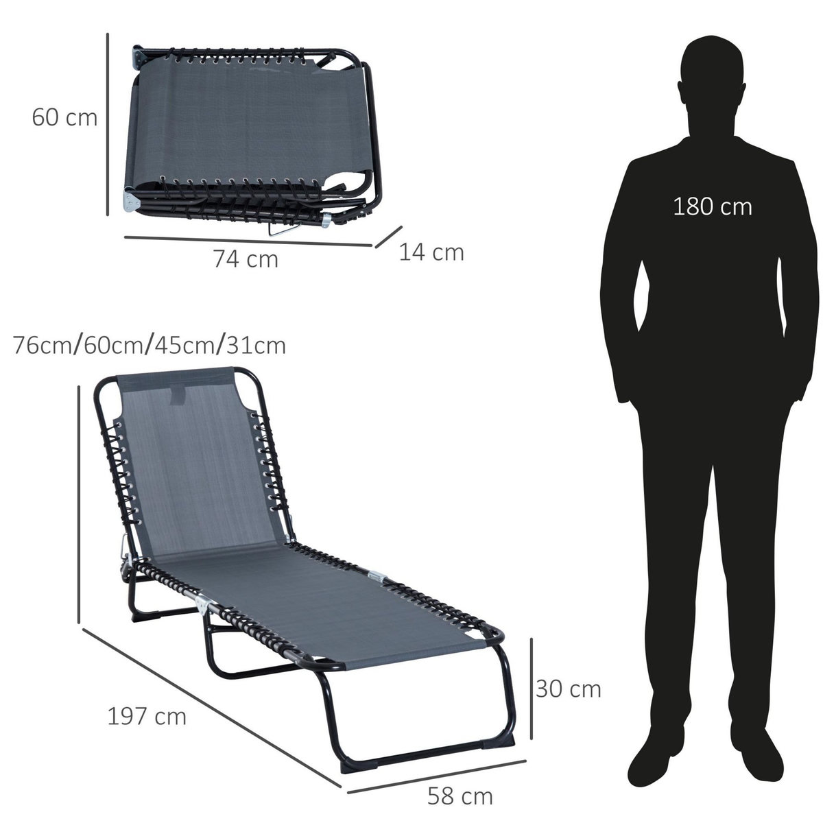 OUTSUNNY Bain de soleil transat pliable dossier inclinable multi-positions acier thermoplastique lacets élastiques noir textilène gris