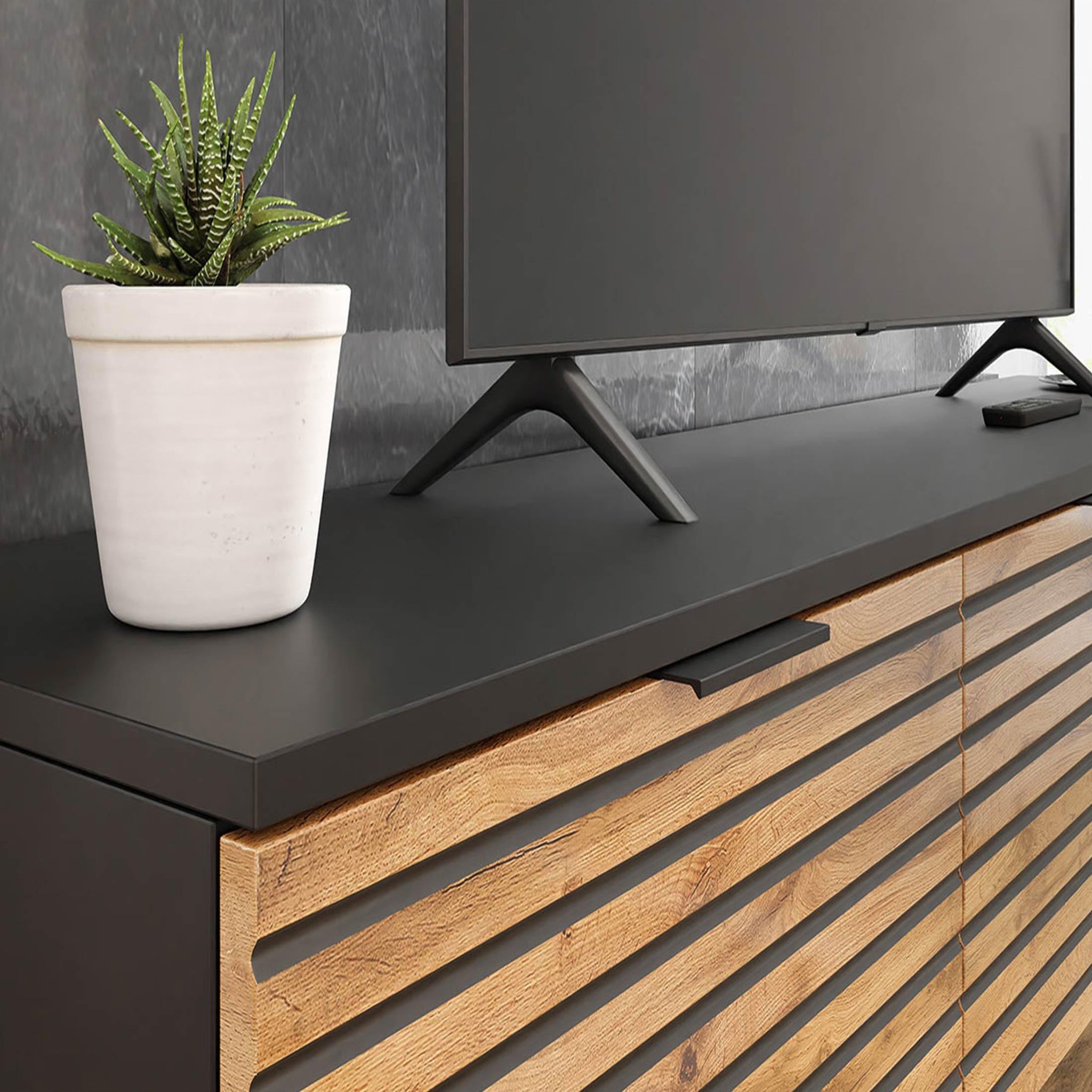 Voir la diapositive 2 : BEST MOBILIER Olympie - meuble tv - effet bois et noir - 4 portes - 200 cm