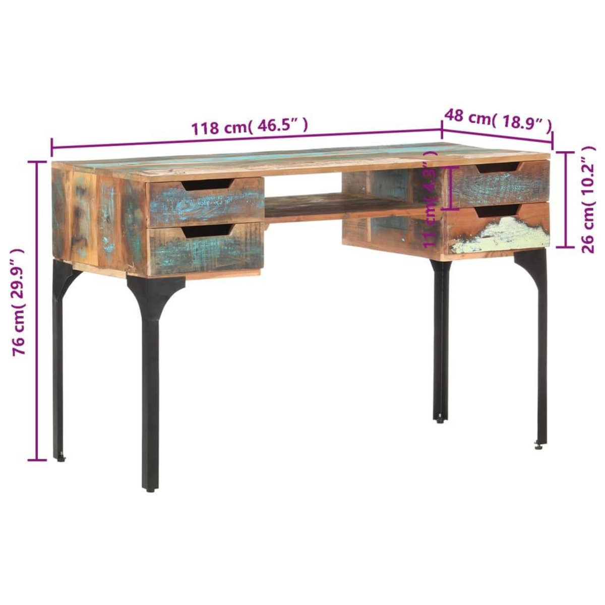 VIDAXL Bureau 118x48x75 cm Bois de recuperation massif