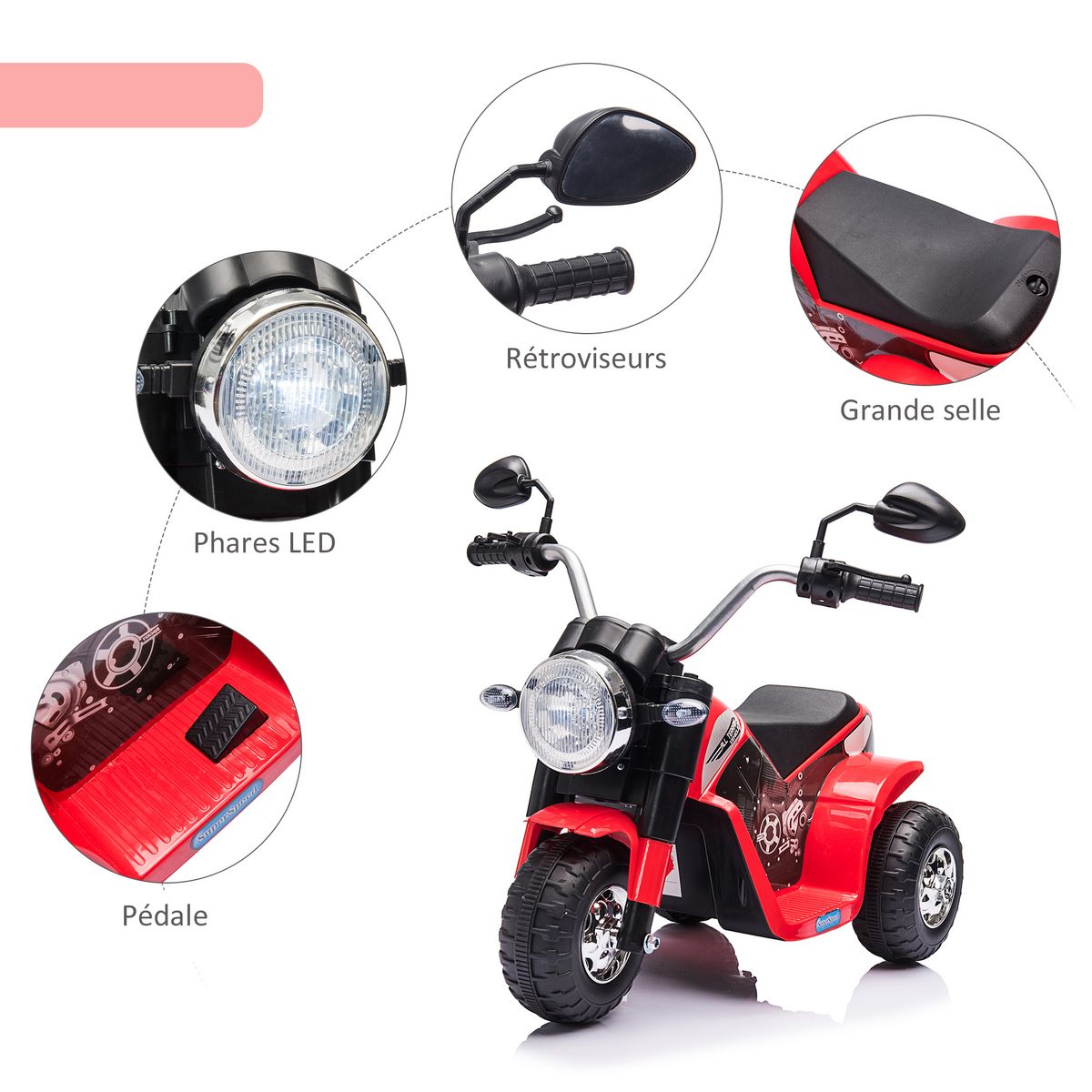 HOMCOM Moto électrique enfant chopper tout-terrain  6 V 20 W marche AV AR 3 roues effets lumineux et sonores rouge noir