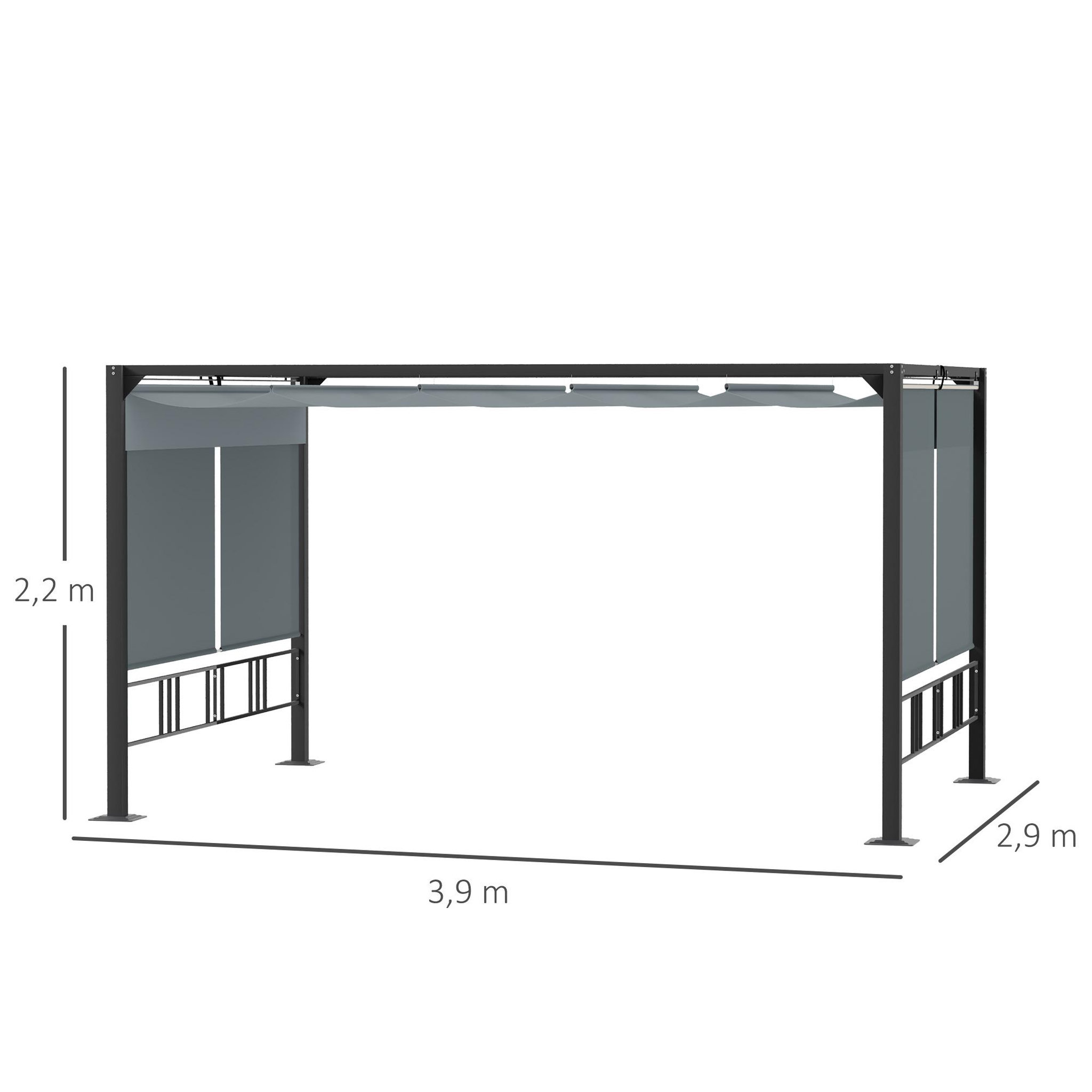 Voir la diapositive 3 : OUTSUNNY Pergola rétractable 3,9L x 2,9l x 2,2H m structure alu. acier époxy noir double toile polyester haute densité gris