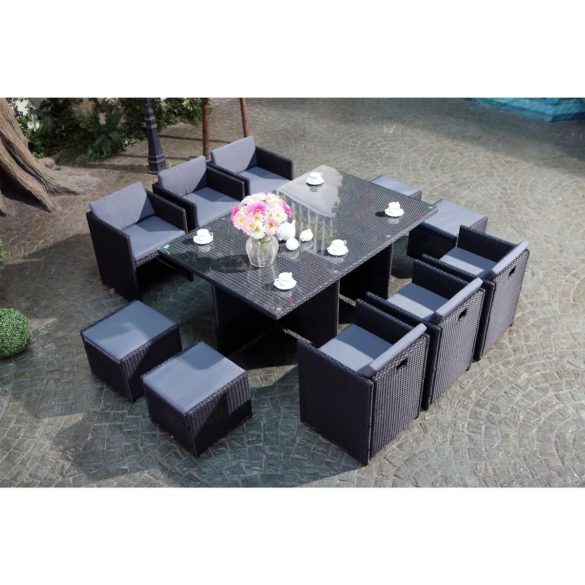 CONCEPT USINE MIAMI - Salon de jardin 10 places noir-gris + housse de protection MIAMI