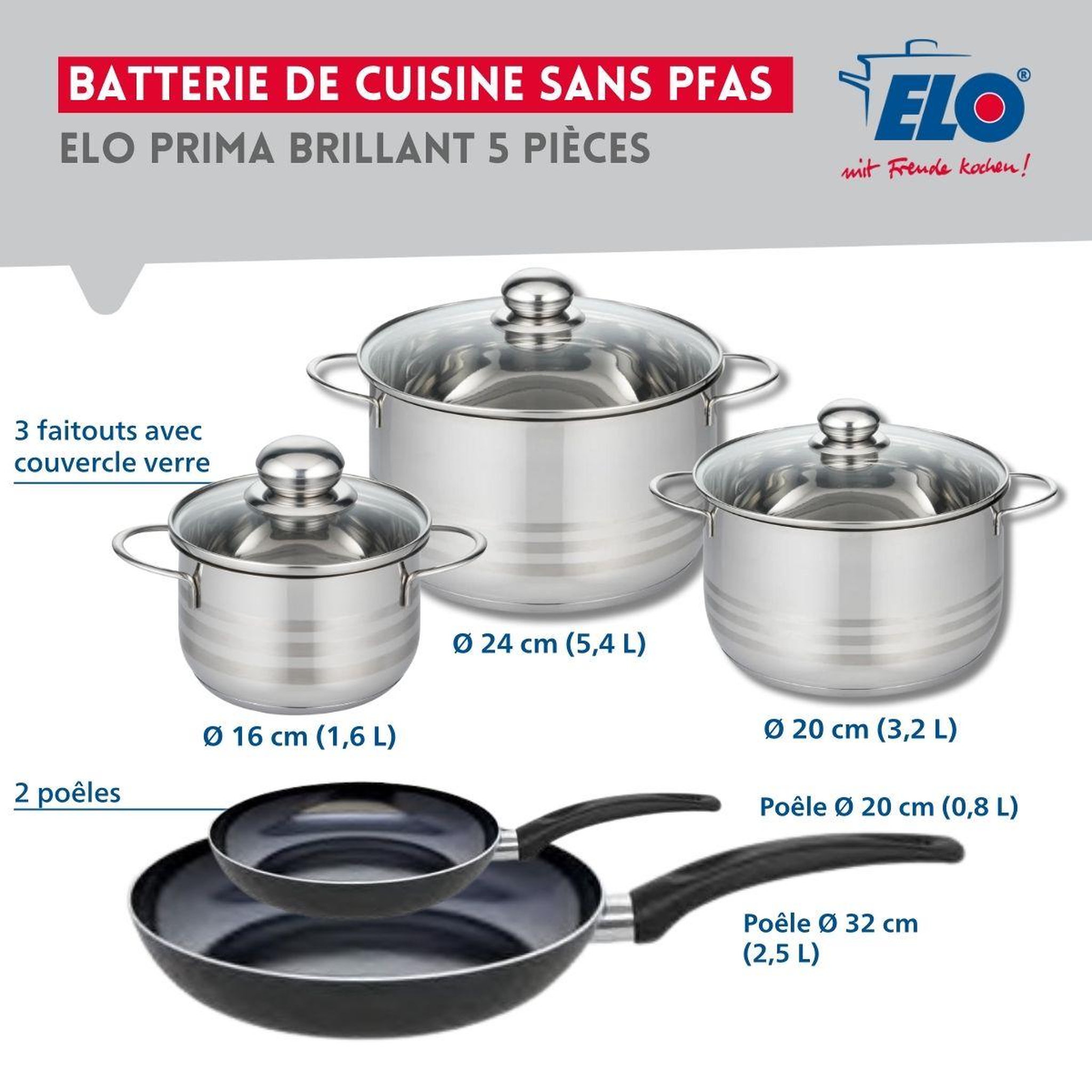 Voir la diapositive 2 : ELO Ensemble de 2 poêles de cuisson 20 et 32 cm et 3 faitouts 16, 20 et 24 cm elo prima brillant