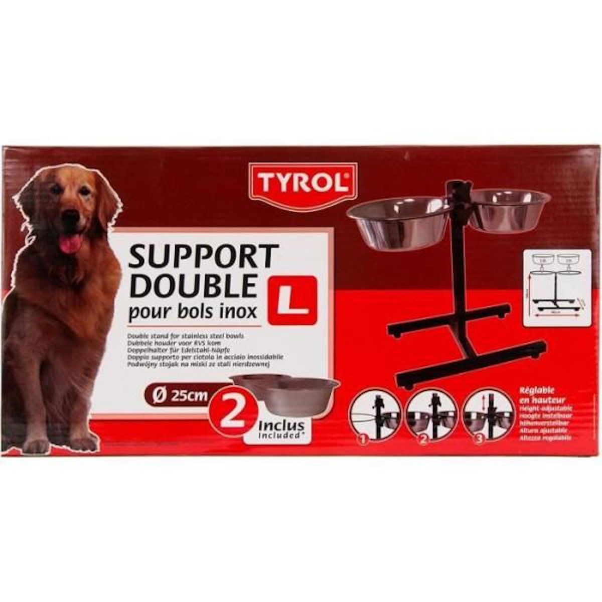 MARKET24 Accessoire repas chien - TYROL - Support + 2 Bols Inox - 25 cm - 2,8 L - Réglable en hauteur