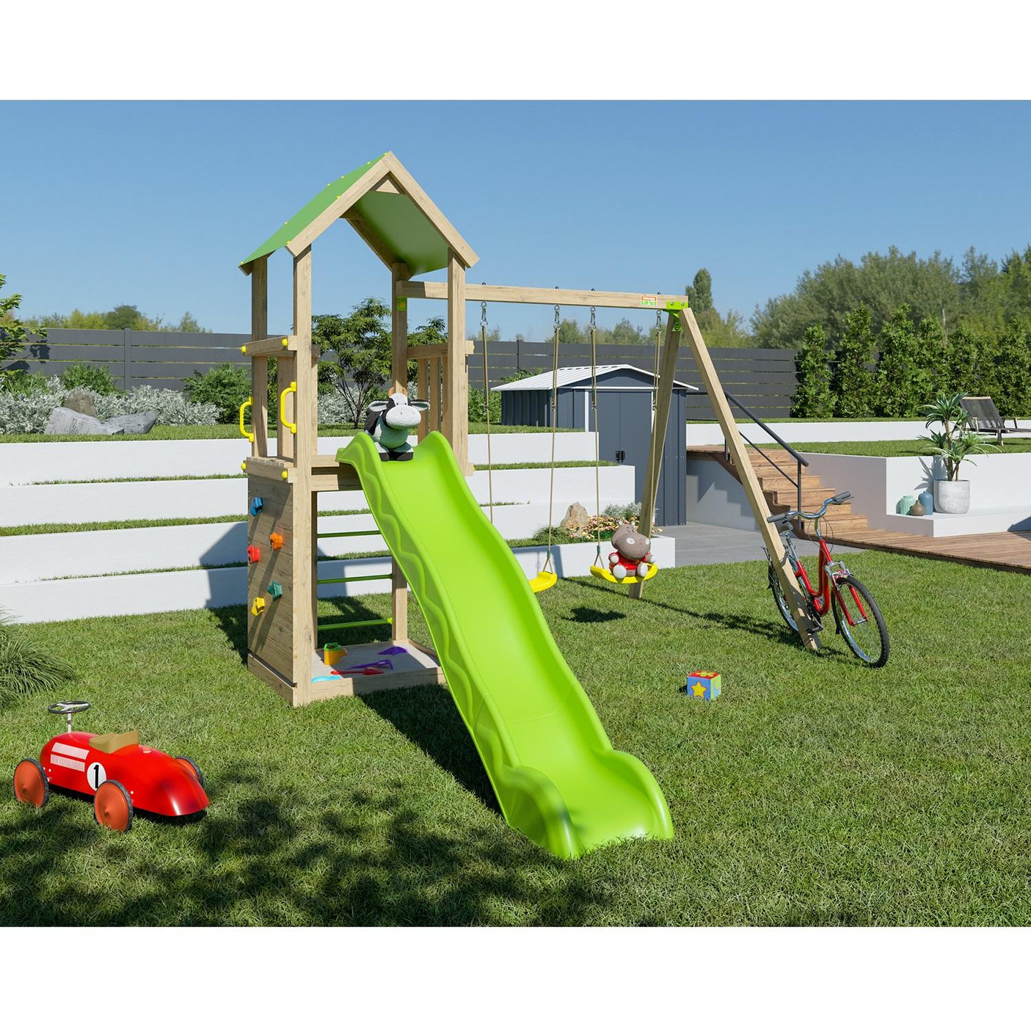 Voir la diapositive 1 : trigano Aire de jeux avec toboggan - Bois - H2,20m - SMART XPERIENCE