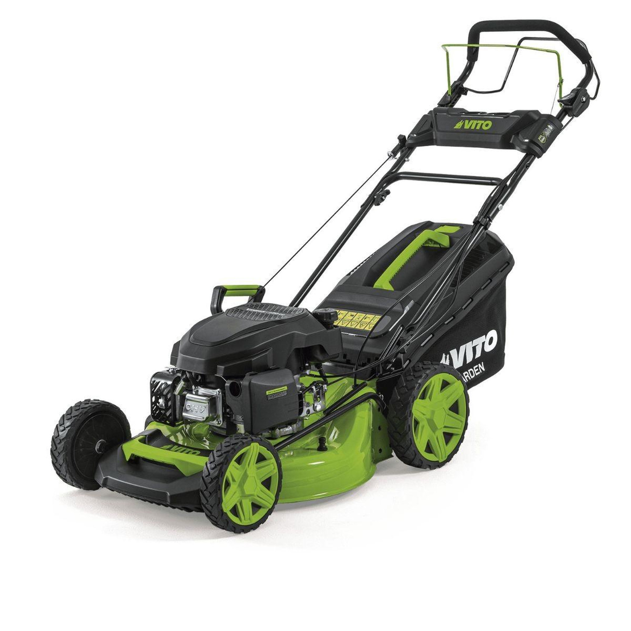 VITO Tondeuse thermique essence 4,5 cv 144 cc moteur 4t - coupe 46cm bac 60l mulching 7 hauteurs 25 à 75mm pelouse 1250m2 vito