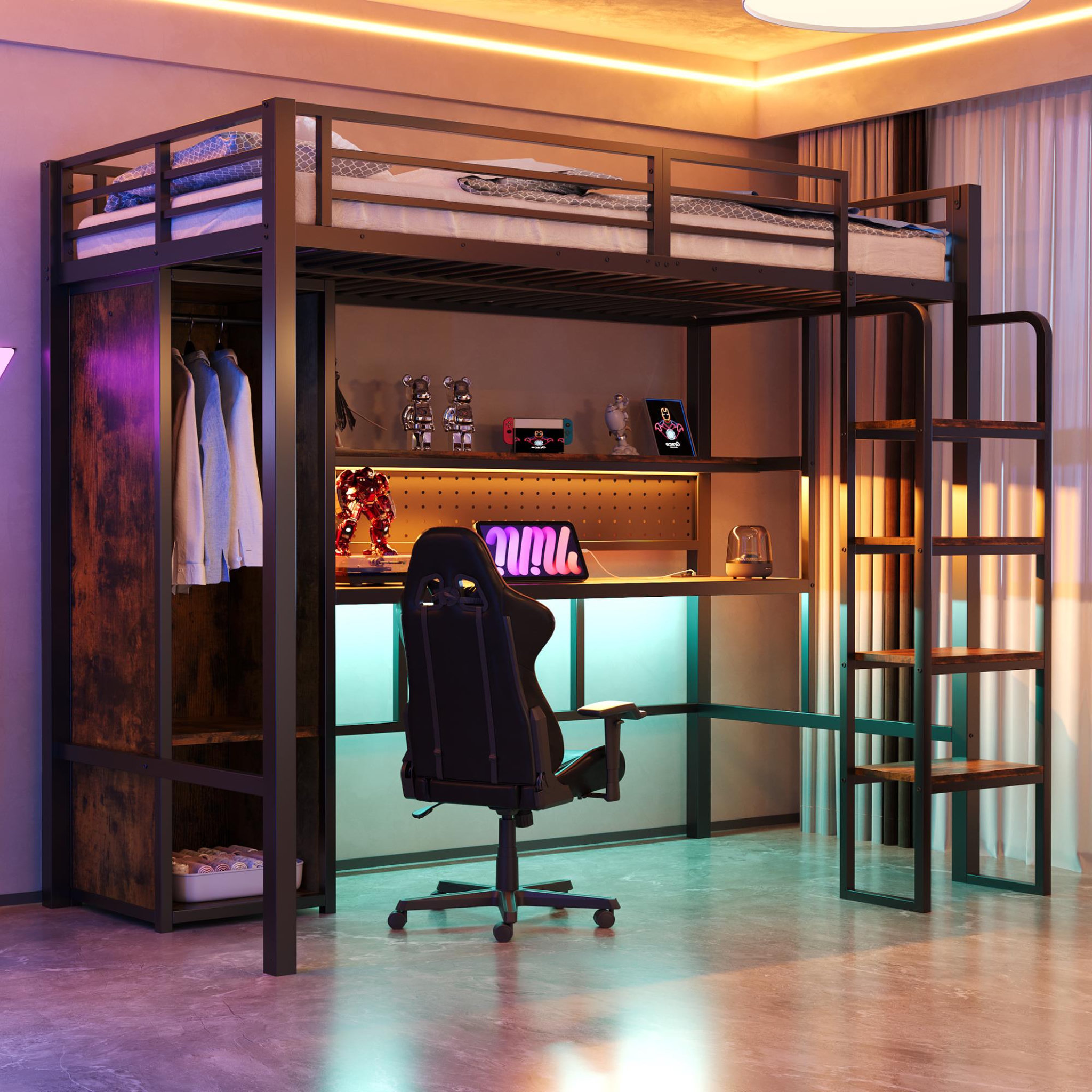 Voir la diapositive 5 : MERAX Lit mezzanine 90x200 cm coloris noir led métal
