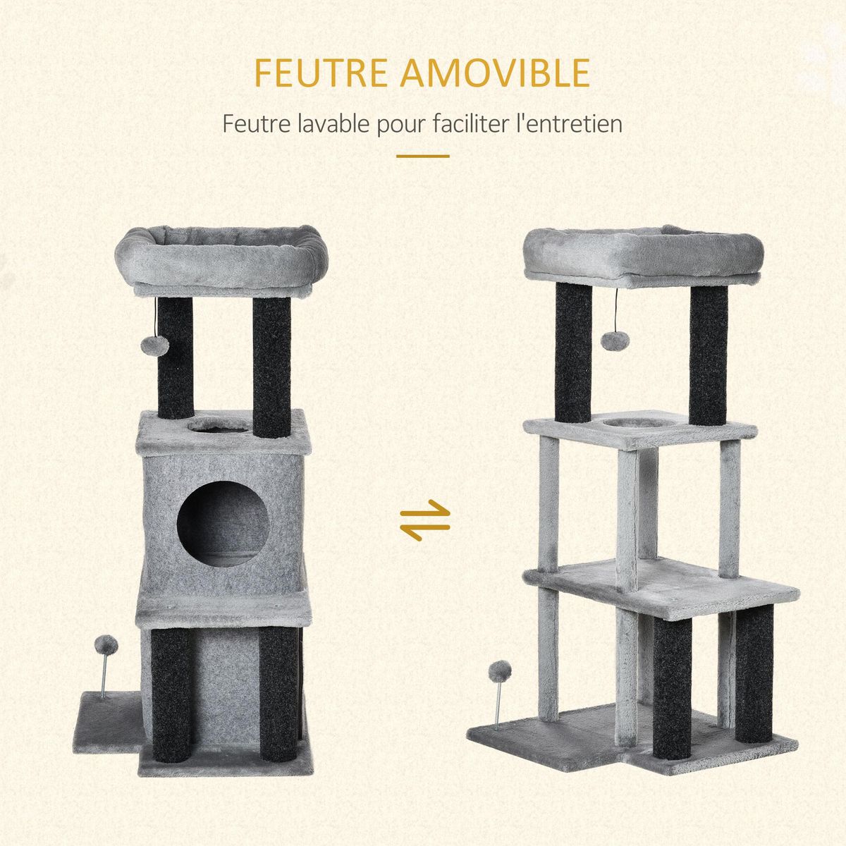 PAWHUT Arbre à chat centre d'activités griffoirs jeu boule suspendue et à ressort 2 niches housses amovibles plateformes gris