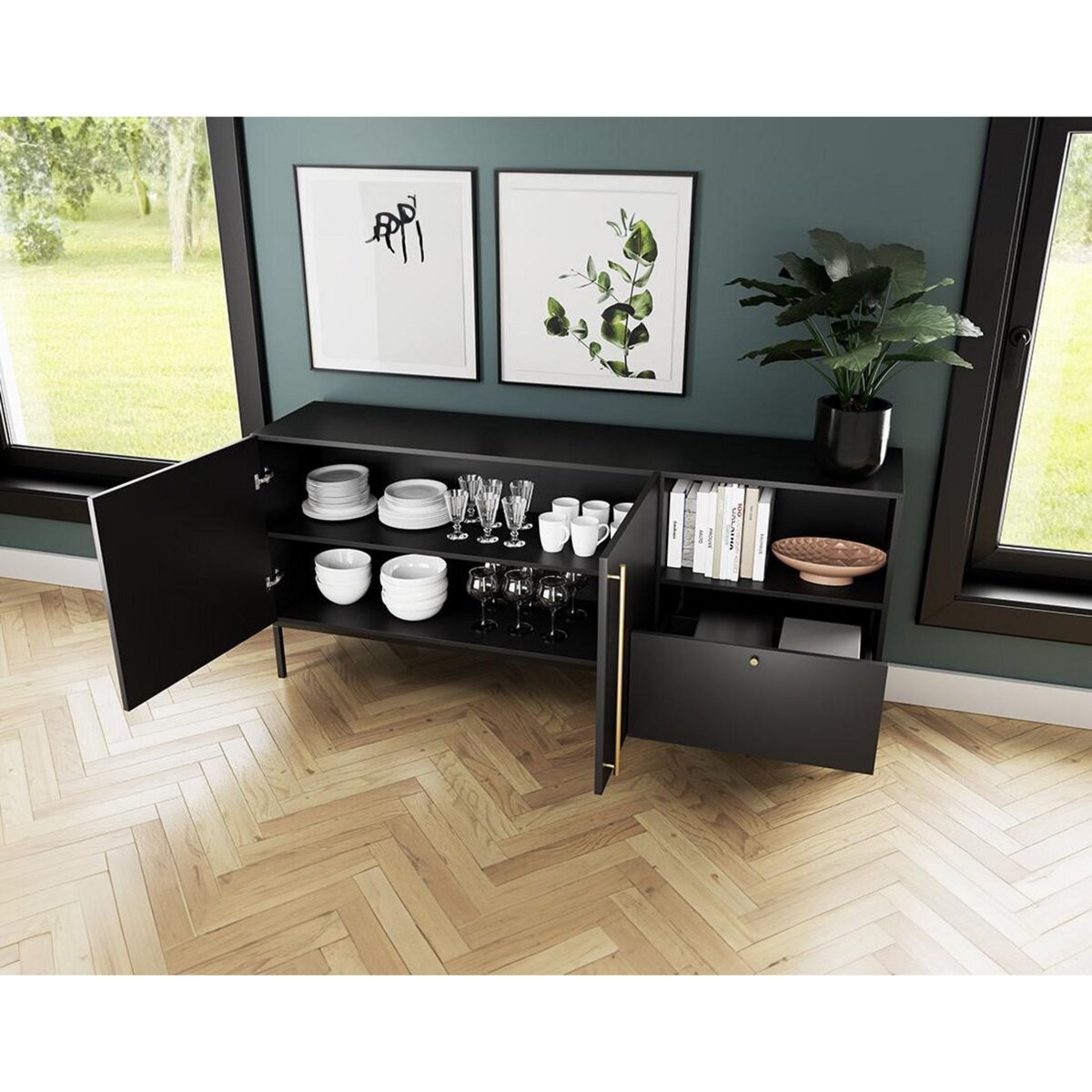BEST MOBILIER Felicia - buffet bas - noir - 2 portes, 1 tiroir et 1 niche - 180 cm