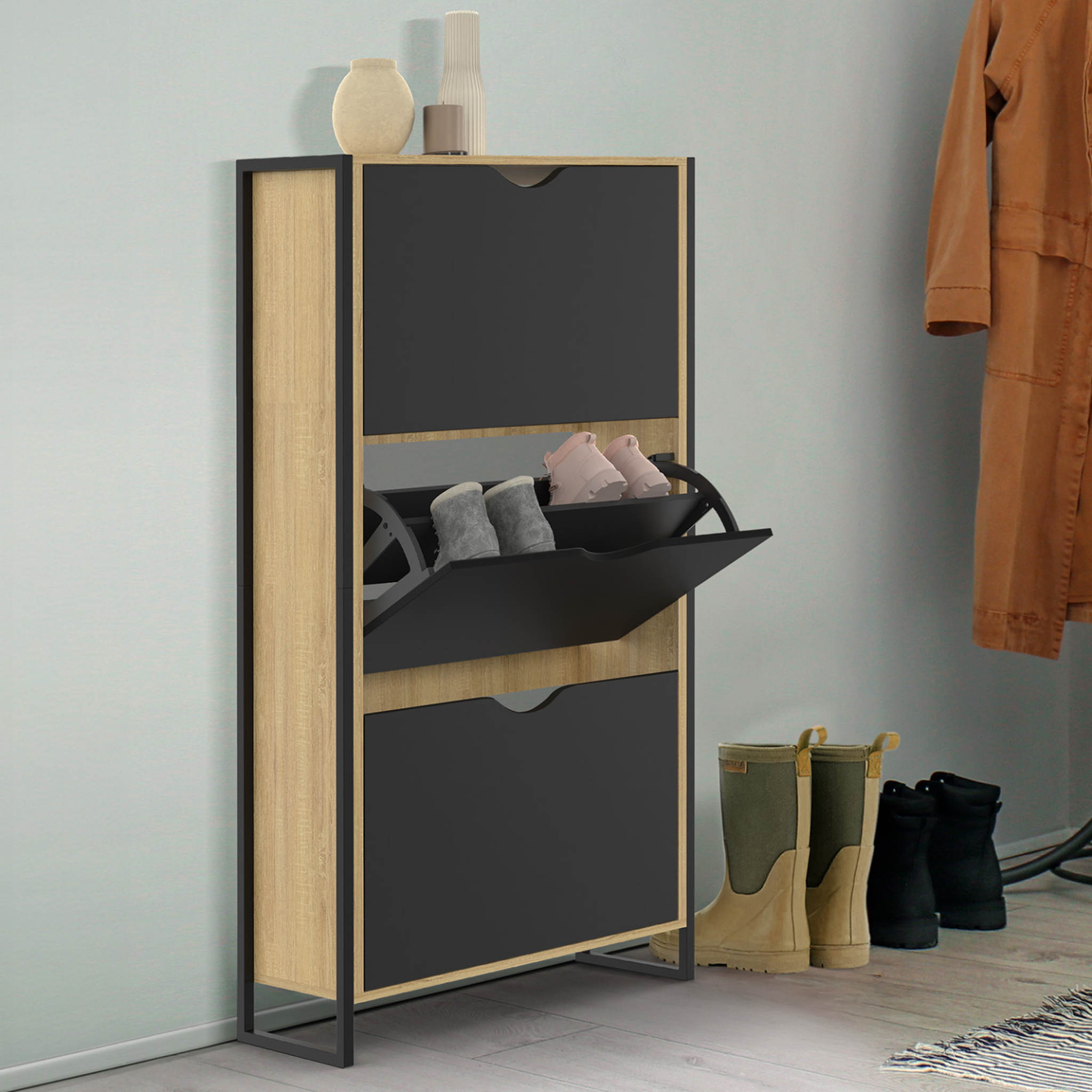 Voir la diapositive 2 : ID MARKET Meuble à chaussures 18 paires boston 3 portes noires design industriel
