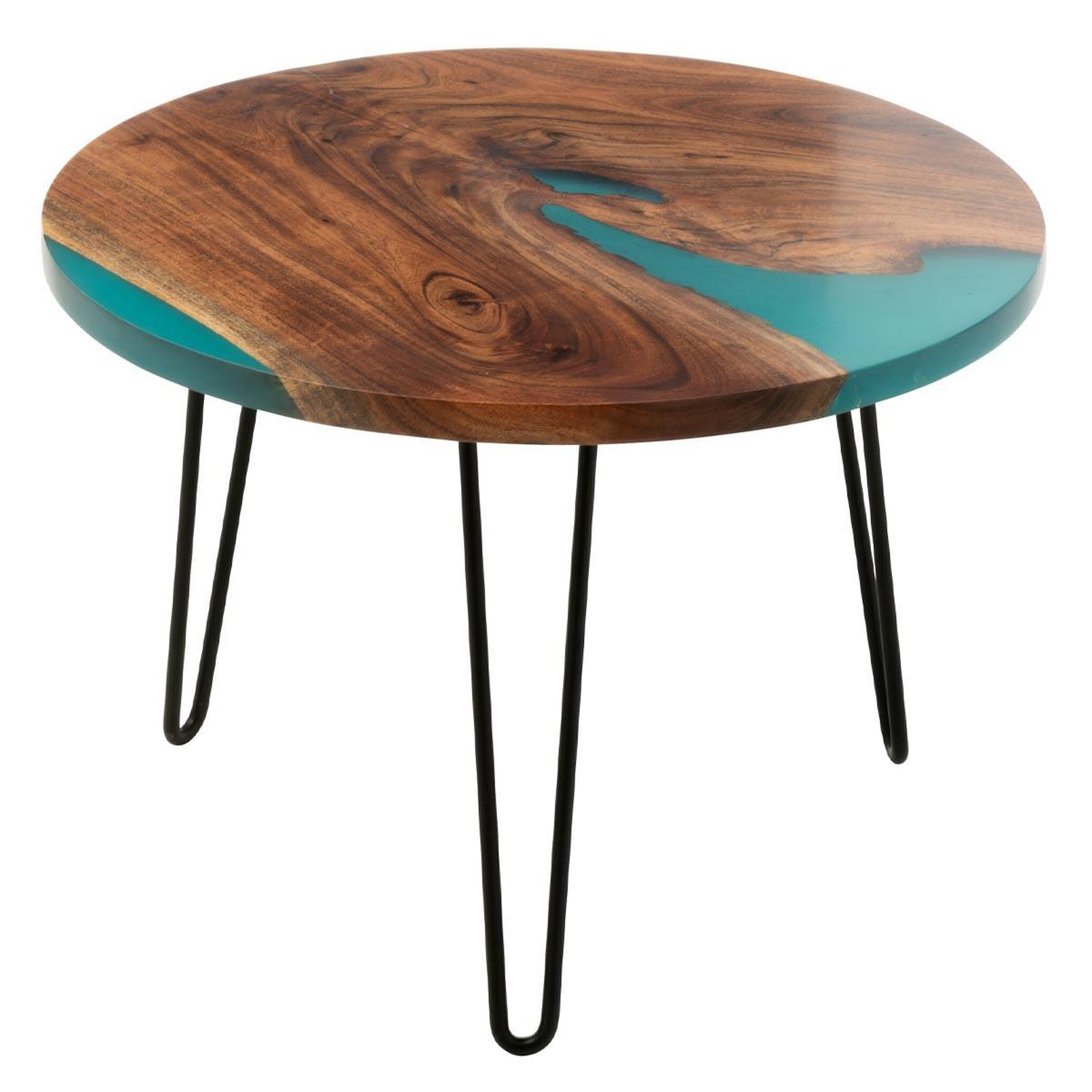 J-LINE Table d'appoint ronde en bois  douglas  38cm naturel & bleu