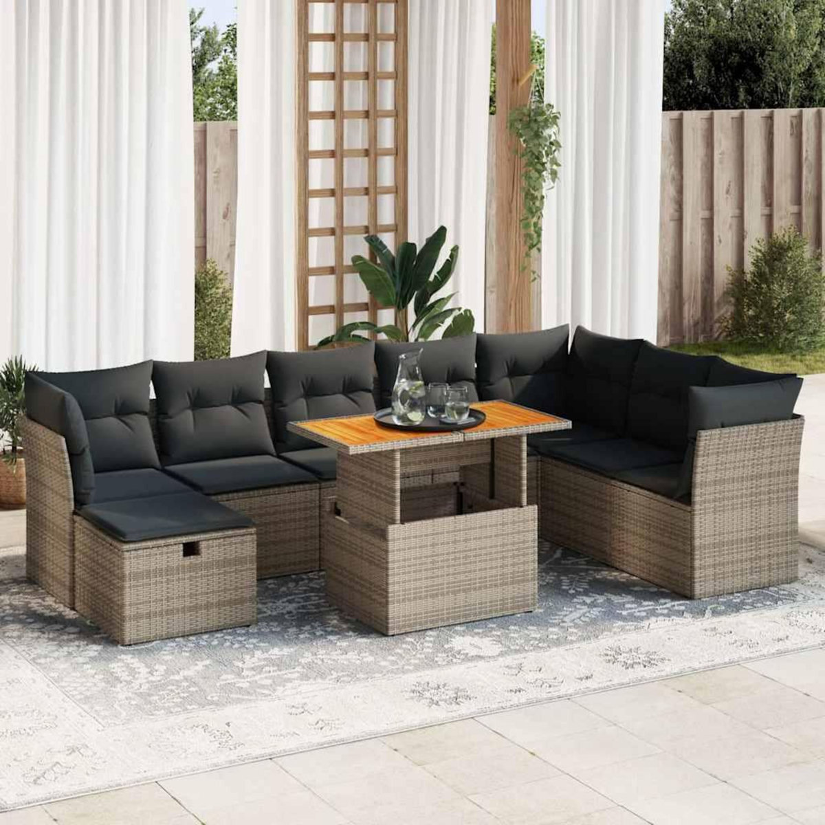 VIDAXL Salon de jardin avec coussins 9 pcs gris resine tressee acacia