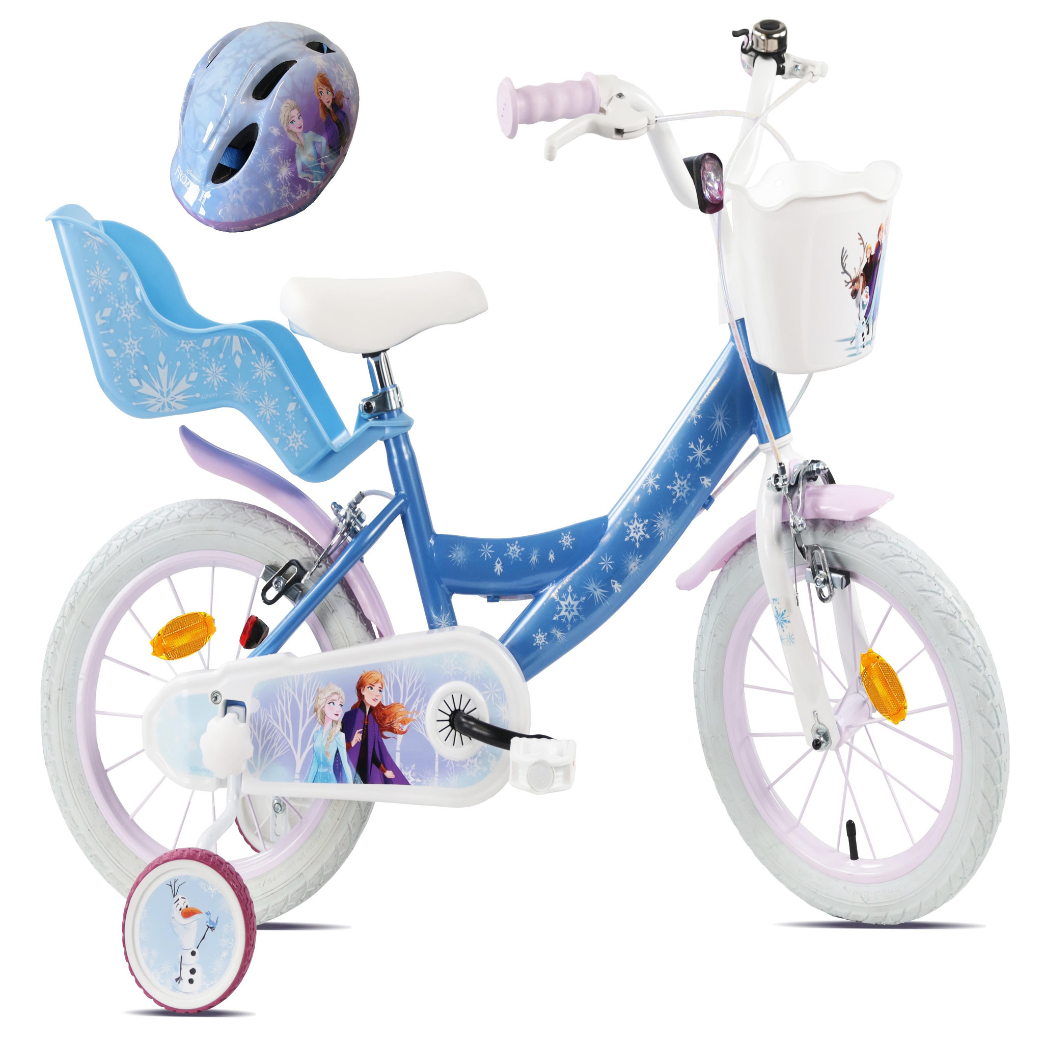 DISNEY Vélo enfant 16  Fille Reine des Neiges + Casque FROZEN pour enfant de 5 à 7 ans avec stabilisateurs - 2 freins - porte poupée & panier avant.