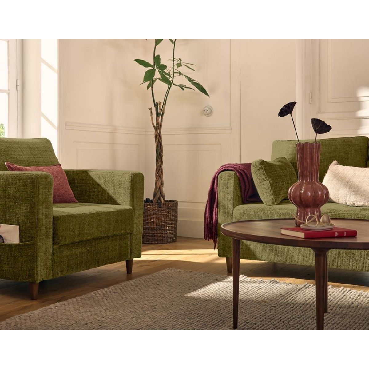 LISA DESIGN Anna - fauteuil avec poche en velours texturé - pieds en bois