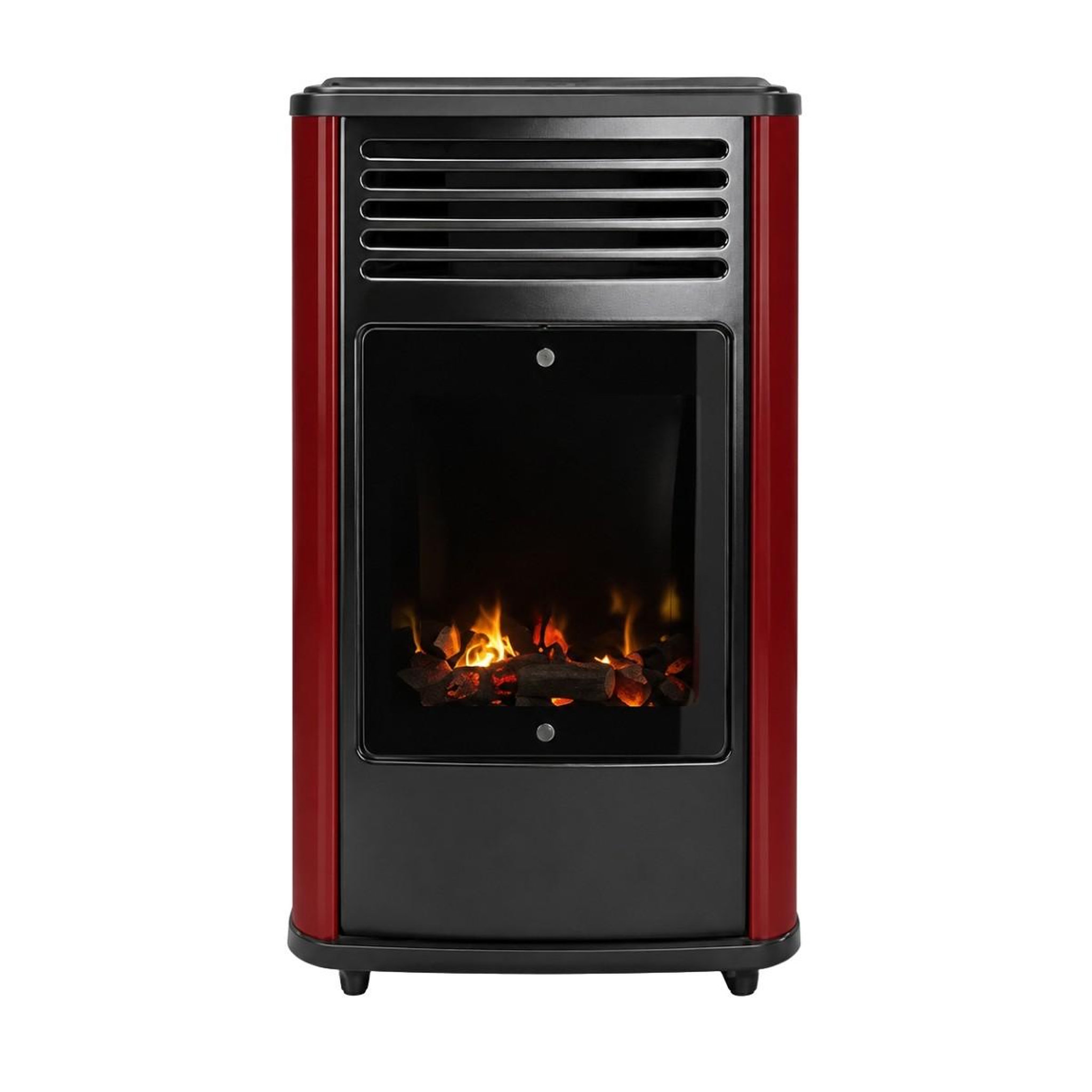 Voir la diapositive 2 : SAHARA Poêle à gaz mobile 3,4kw effet feu de bois - chauffage gaz rouge & noir + tuyau gaz + détendeur butane manhattan sahara