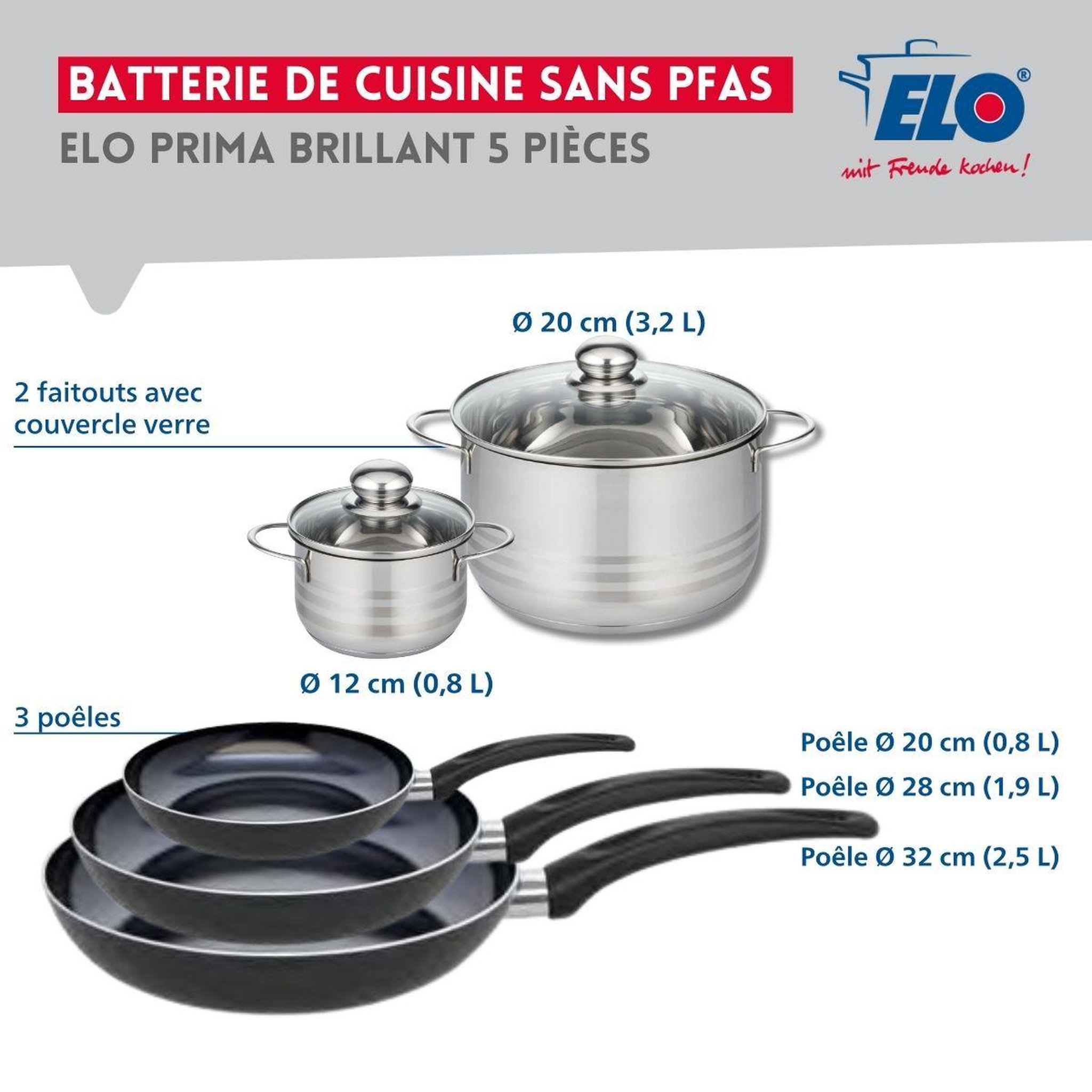 Voir la diapositive 2 : ELO Ensemble de 3 poêles de cuisson 20, 28 et 32 cm et 2 faitouts 12 et 20 cm elo prima brillant