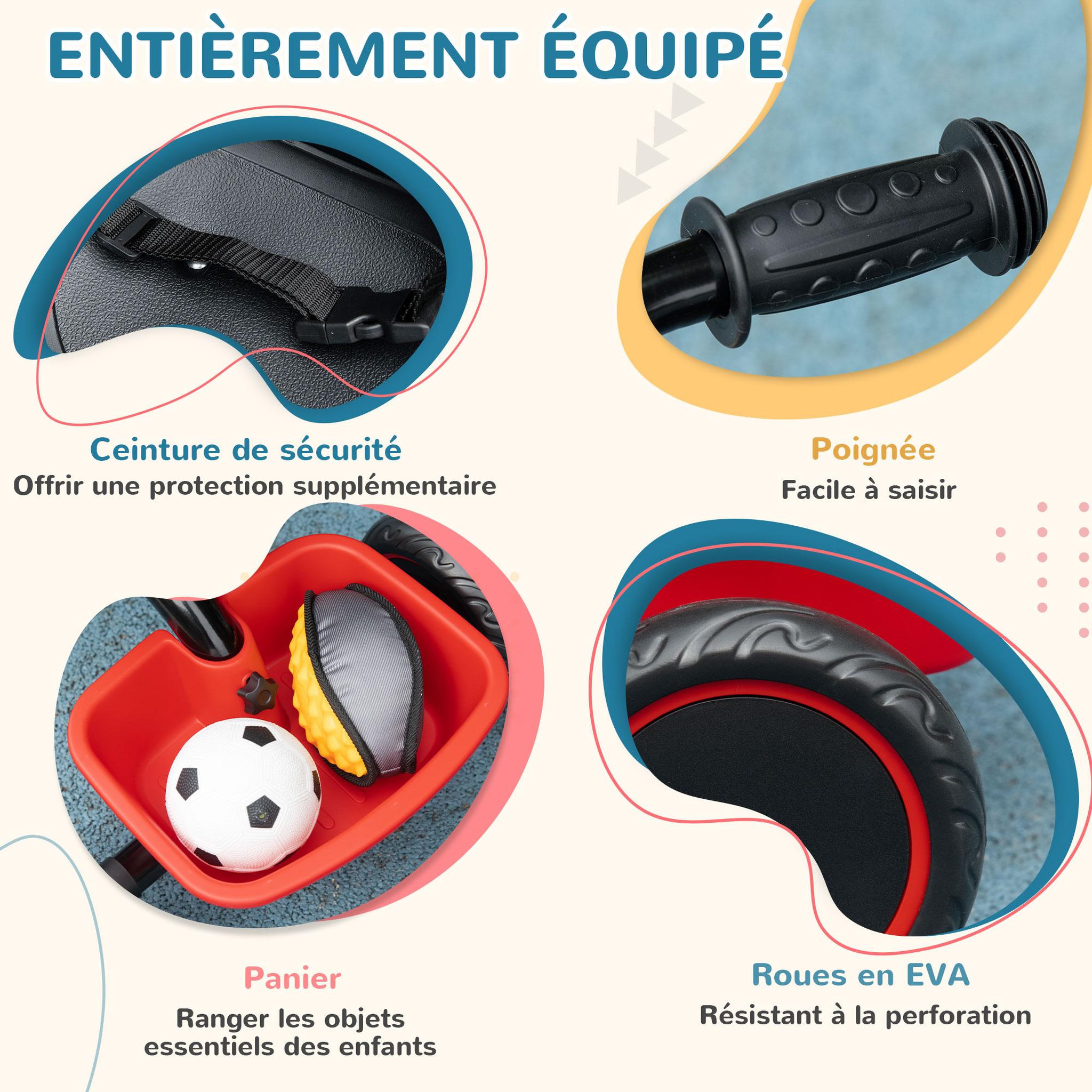 Voir la diapositive 6 : HOMCOM Tricycle pour enfant évolutif avec siège réglable - pédales - 2 paniers - ceinture - pour enfant de 2 à 5 ans - rouge et noir