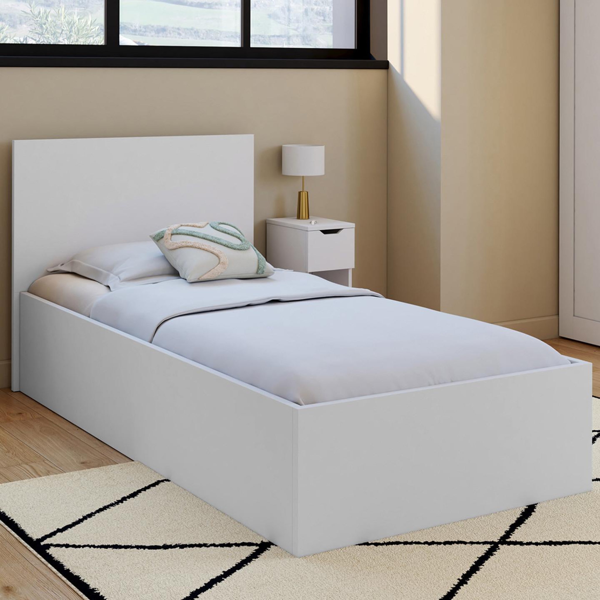 Voir la diapositive 6 : ID MARKET Lit coffre simple seaside avec tête de lit et sommier 90 x 190 cm blanc