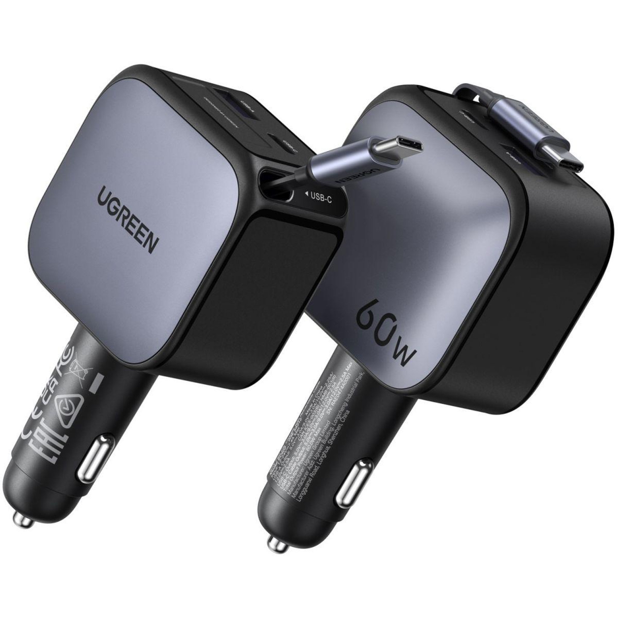 UGREEN Chargeur allume cigare Retractable USBC/USBA Noir 60W
