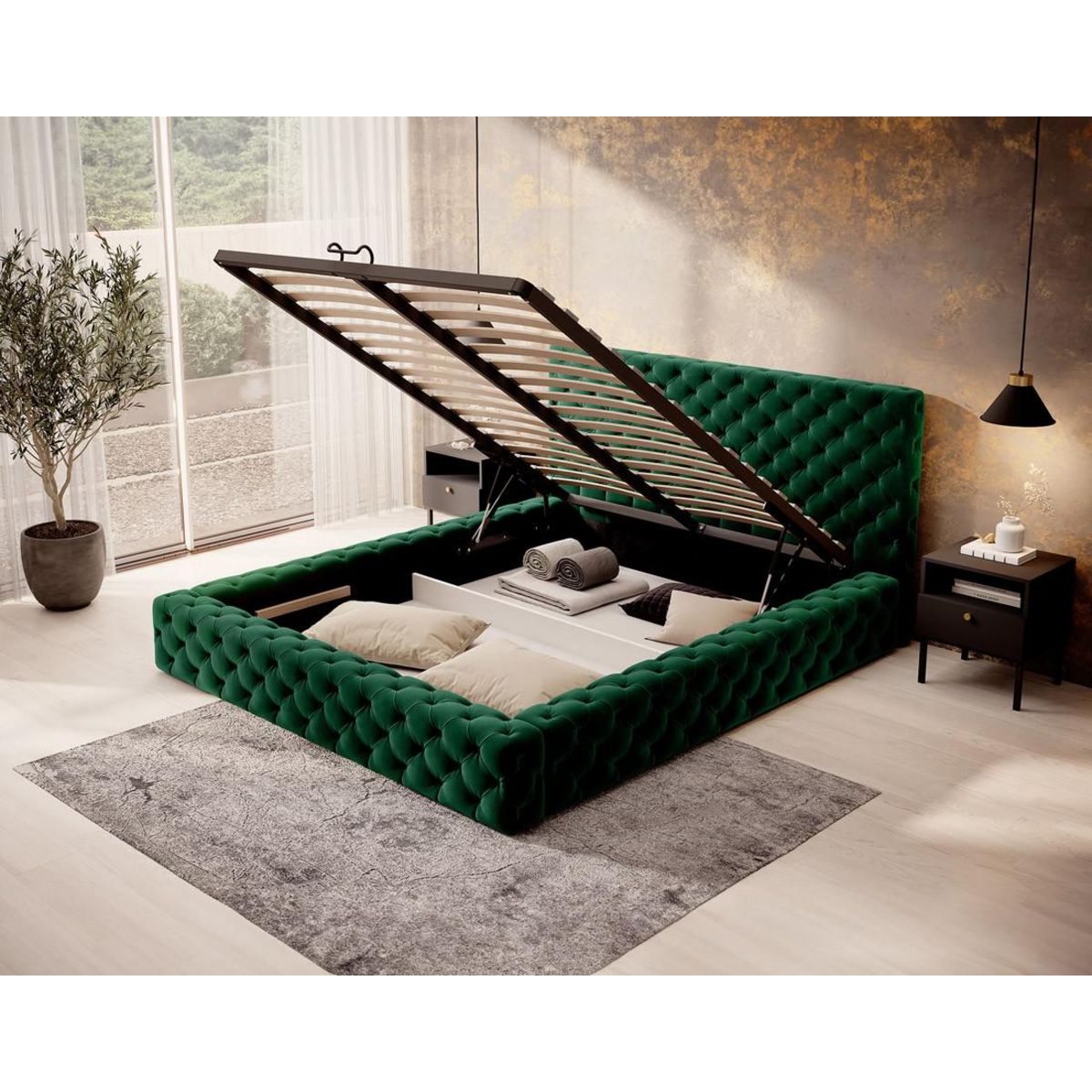 BEST MOBILIER Christiana - lit coffre - 160x200 - sommier inclus - en velours