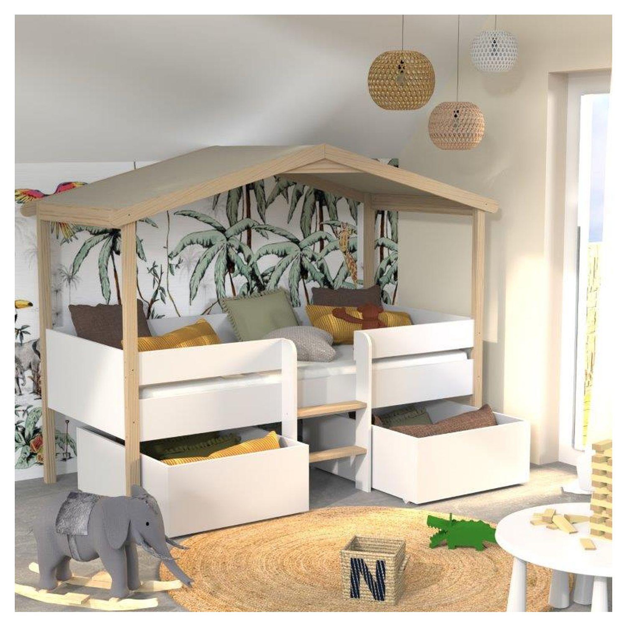 Voir la diapositive 1 : Lit cabane enfant 90 x 190 cm avec sommier + 2 tiroirs TOTEM