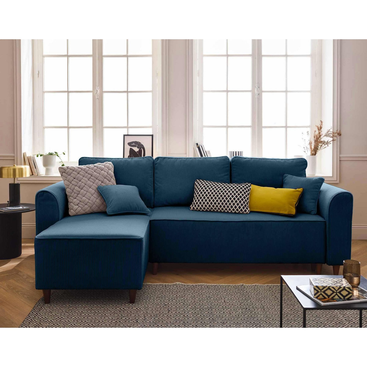 BEST MOBILIER Saphir - canapé d'angle réversible 4 places - convertible avec coffre - en velours côtelé