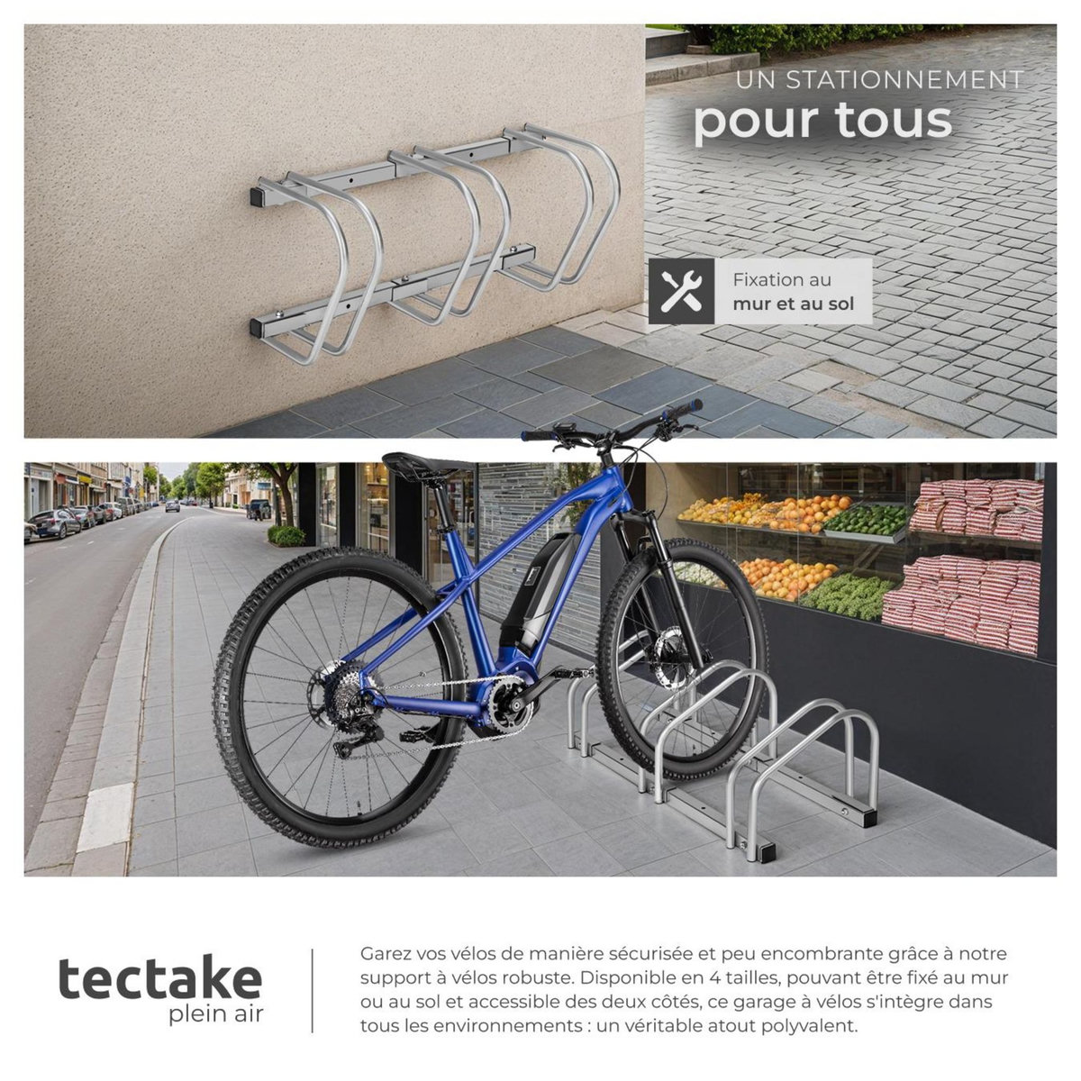 tectake Support à bicyclette en acier inoxydable argent