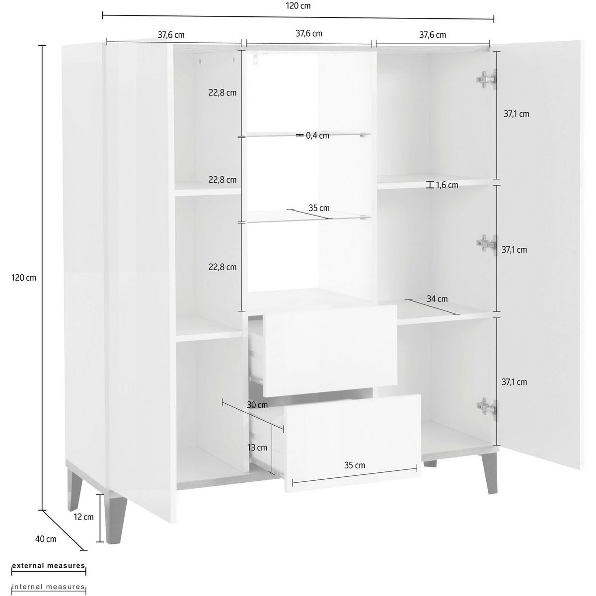 Buffet haut moderne 2 portes 2 tiroirs L120cm BARI