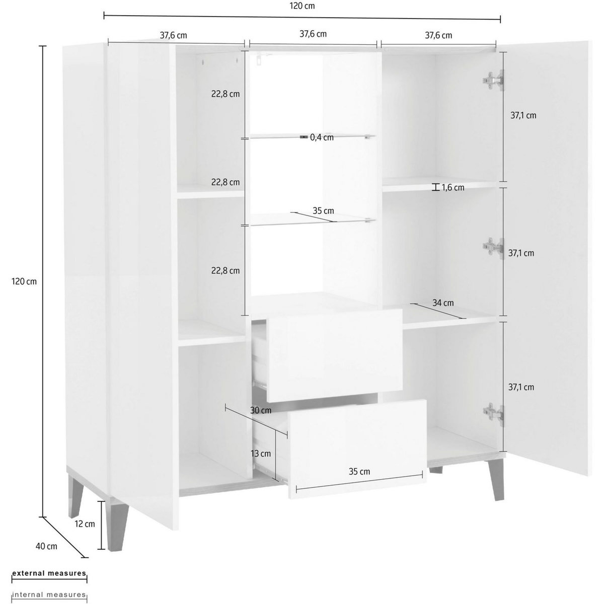 Buffet haut moderne 2 portes 2 tiroirs L120cm BARI